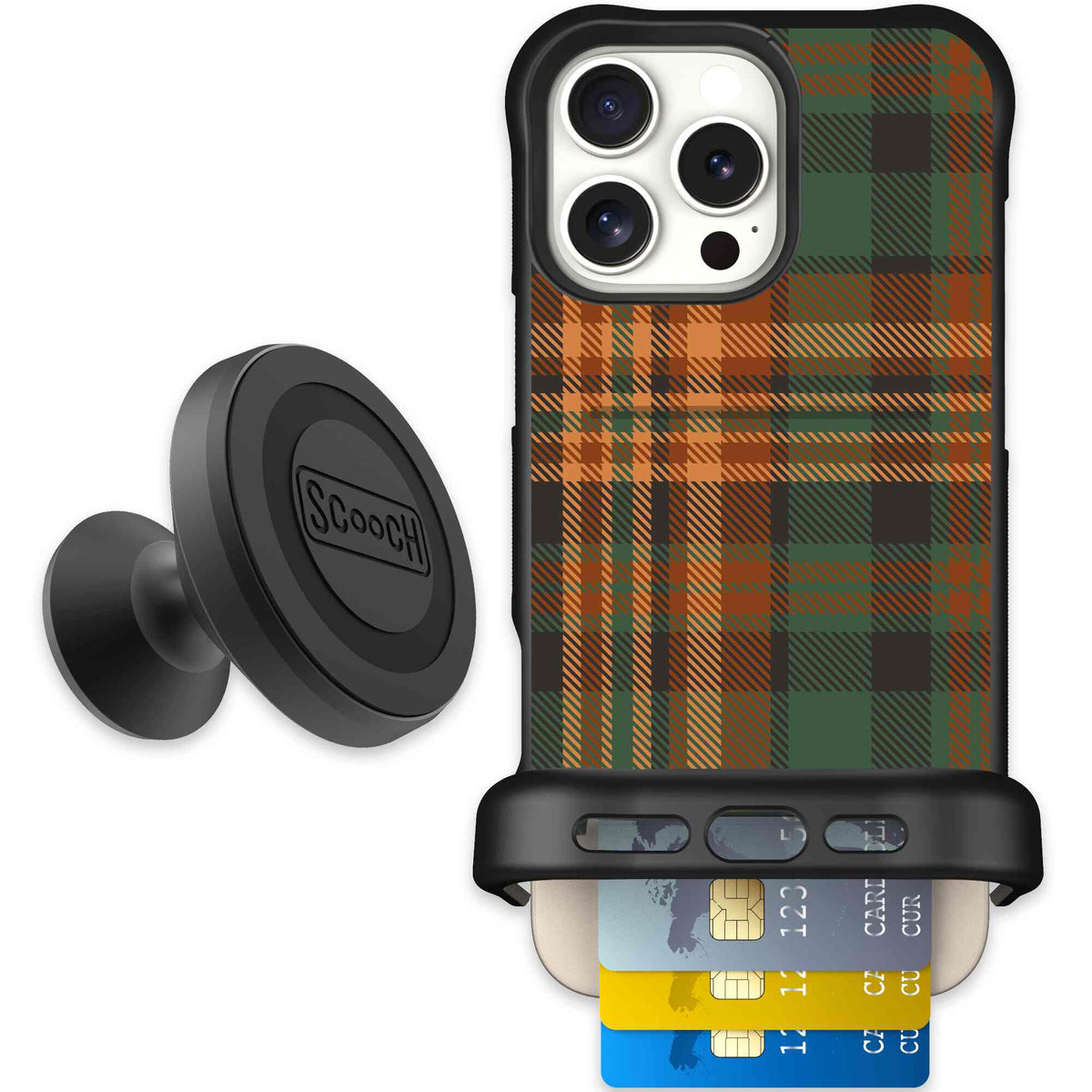 Fall Flannel orange and brown plaid pattern on a Scooch Wingmate case for iPhone 16 Pro Max - Starter Bundle