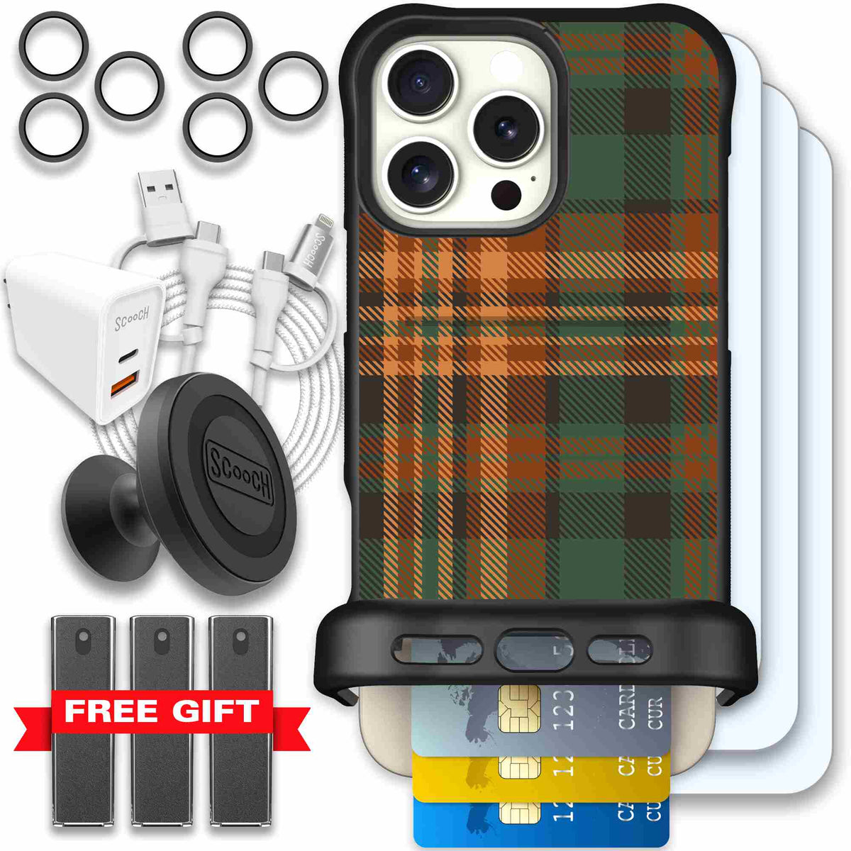 Fall Flannel orange and brown plaid pattern on a Scooch Wingmate case for iPhone 16 Pro Max - Ultimate Bundle