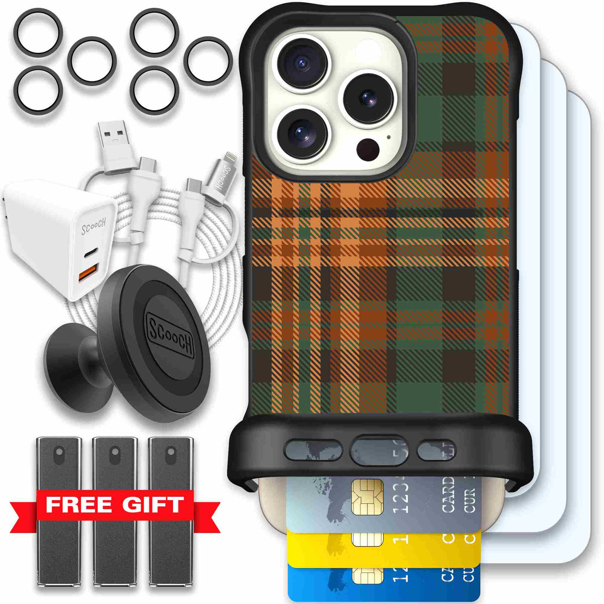 Fall Flannel orange and brown plaid pattern on a Scooch Wingmate case for iPhone 16 Pro - Ultimate Bundle
