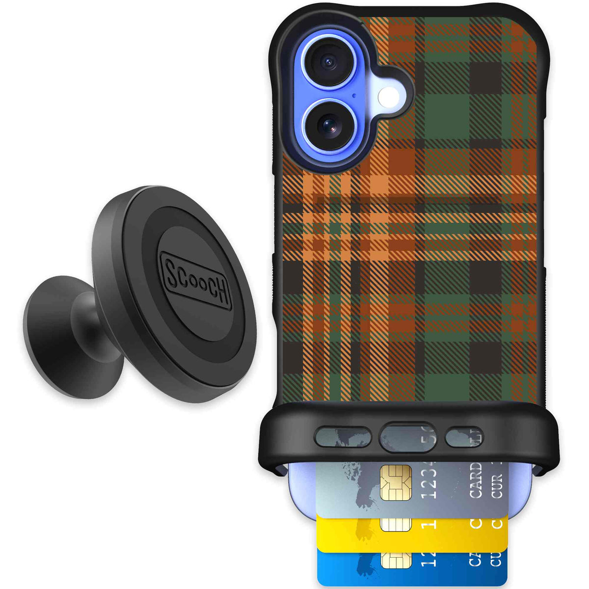 Fall Flannel orange and brown plaid pattern on a Scooch Wingmate case for iPhone 16 - Starter Bundle