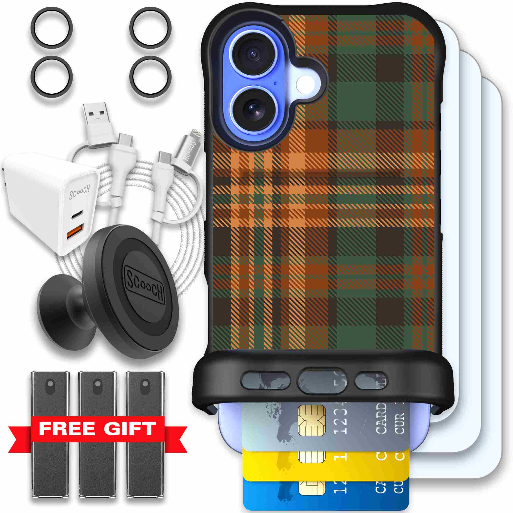 Fall Flannel orange and brown plaid pattern on a Scooch Wingmate case for iPhone 16 - Ultimate Bundle
