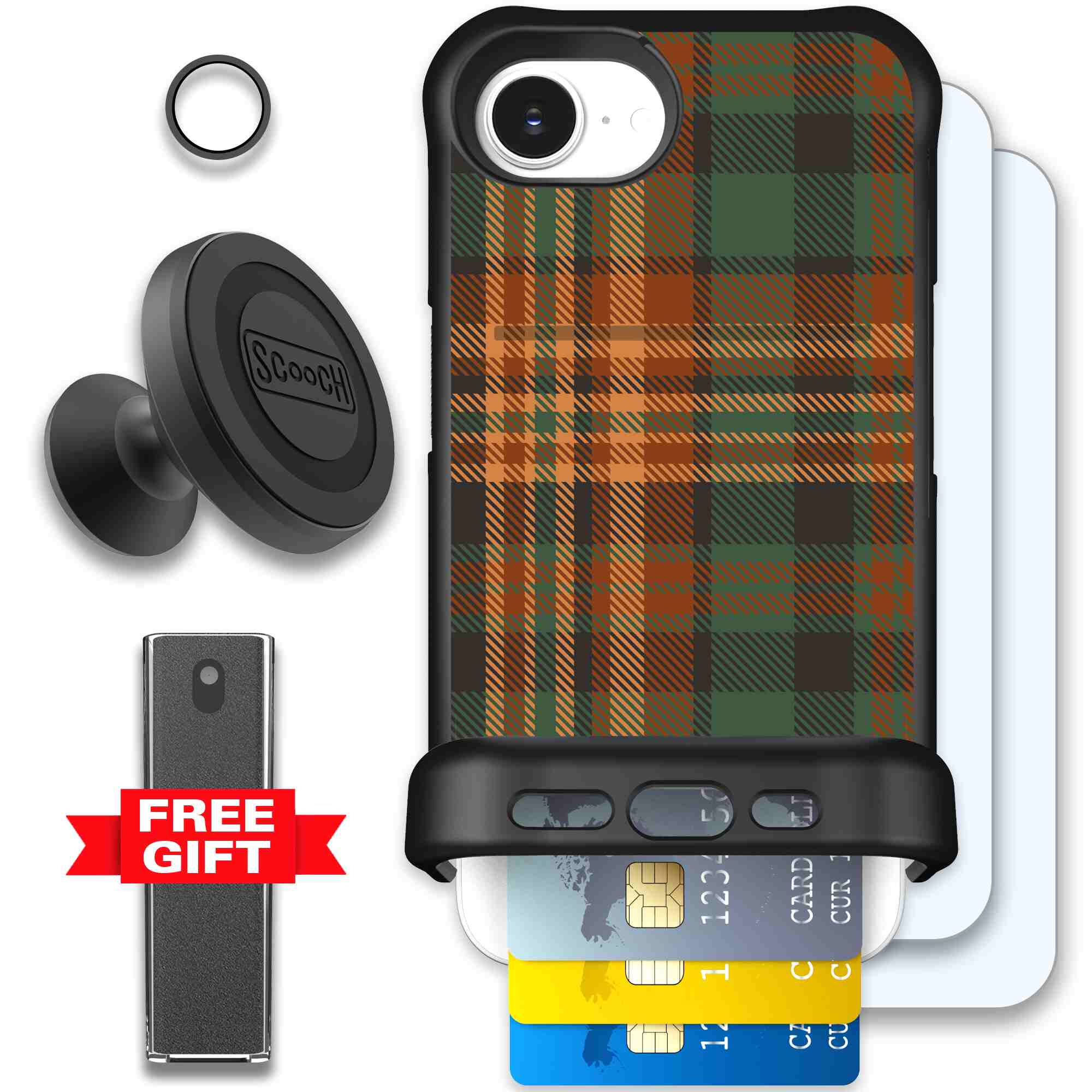 Fall Flannel orange and brown plaid pattern on a Scooch Wingmate case for iPhone 17e - Defender Bundle