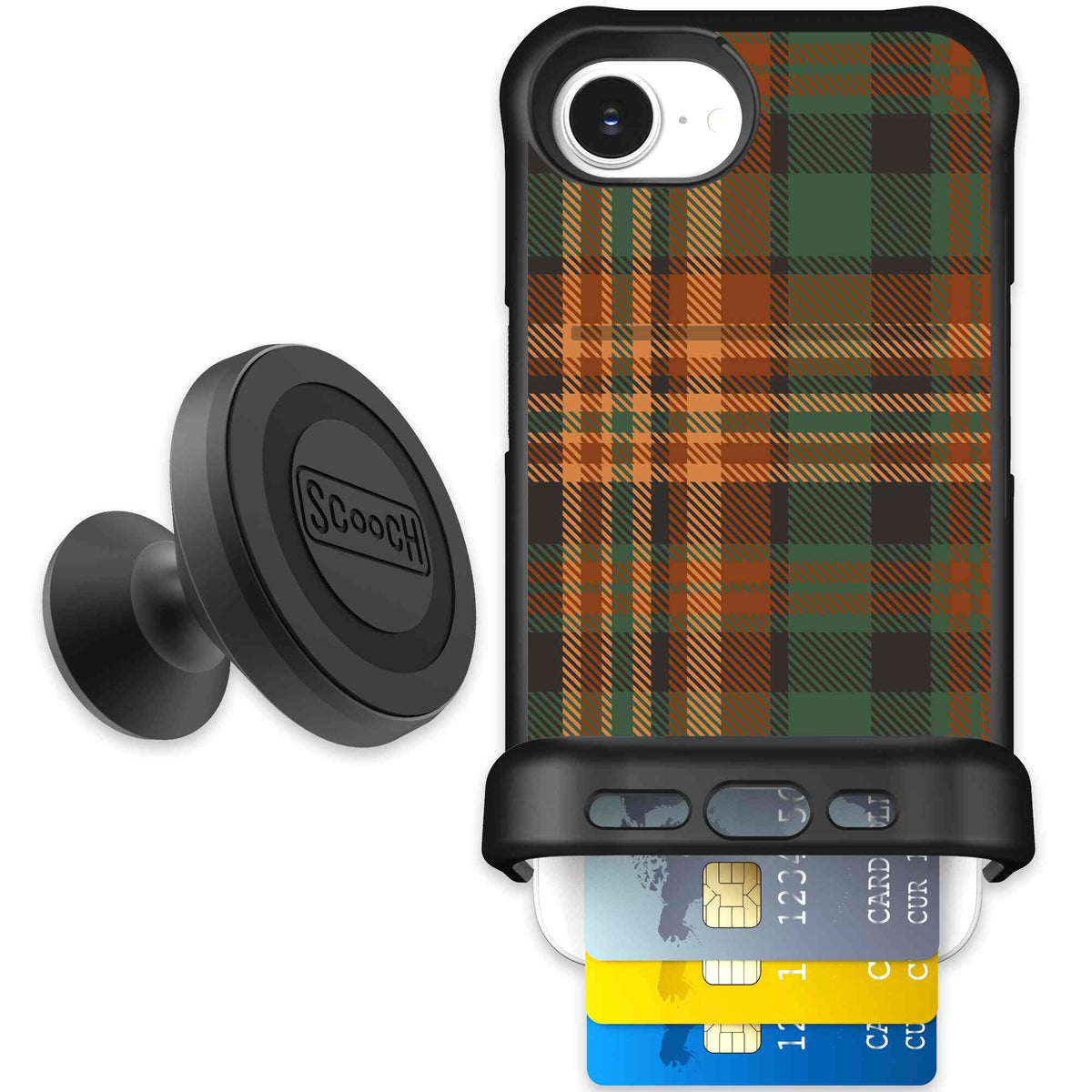 Fall Flannel orange and brown plaid pattern on a Scooch Wingmate case for iPhone 17e - Starter Bundle