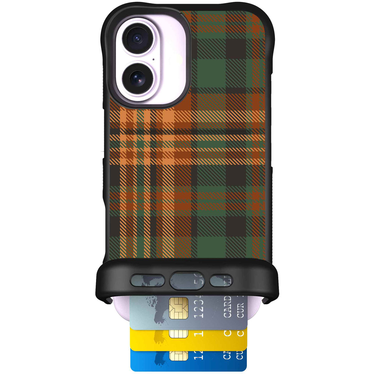Fall Flannel orange and brown plaid pattern on a Scooch Wingmate case for iPhone 17
