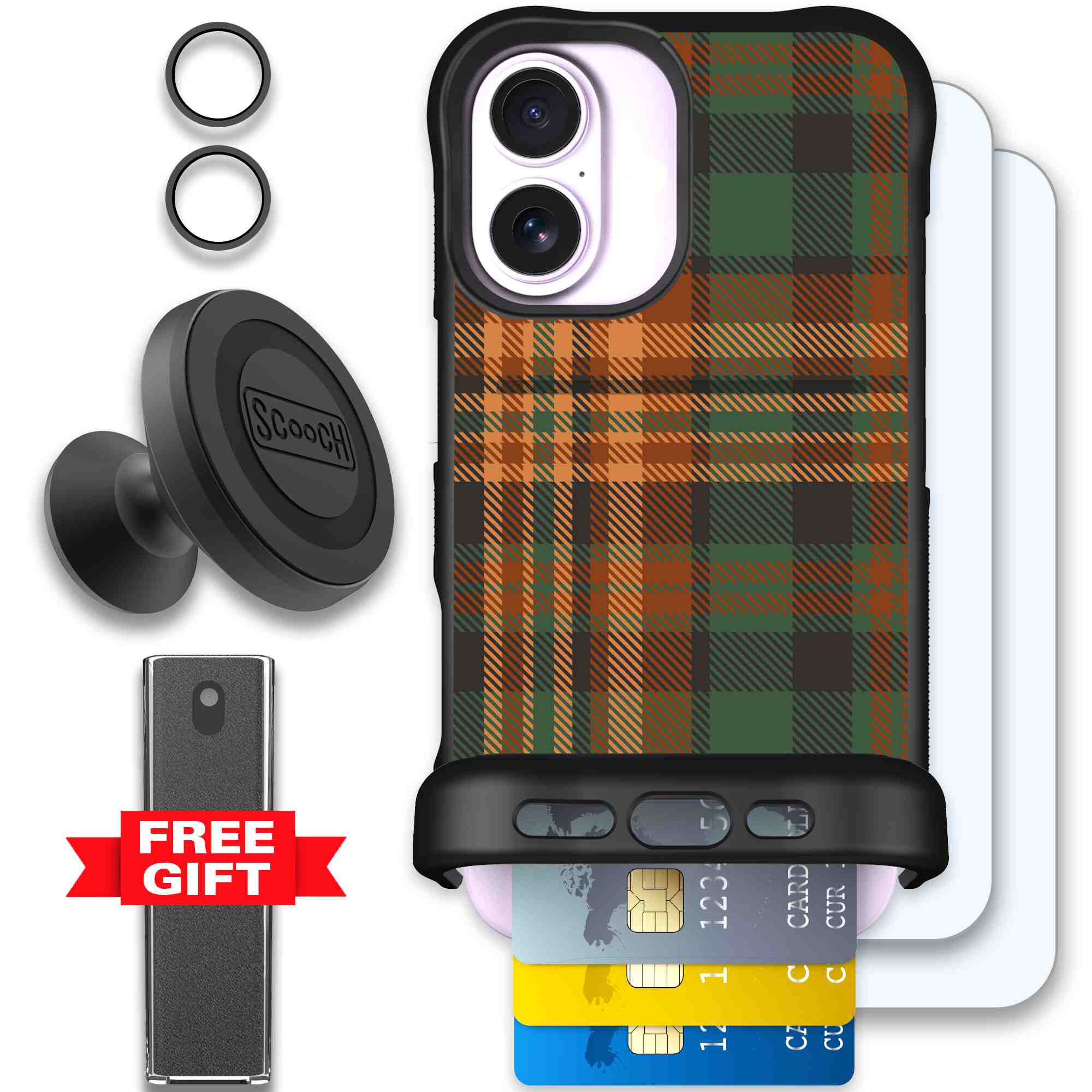 Fall Flannel orange and brown plaid pattern on a Scooch Wingmate case for iPhone 17 - Defender Bundle