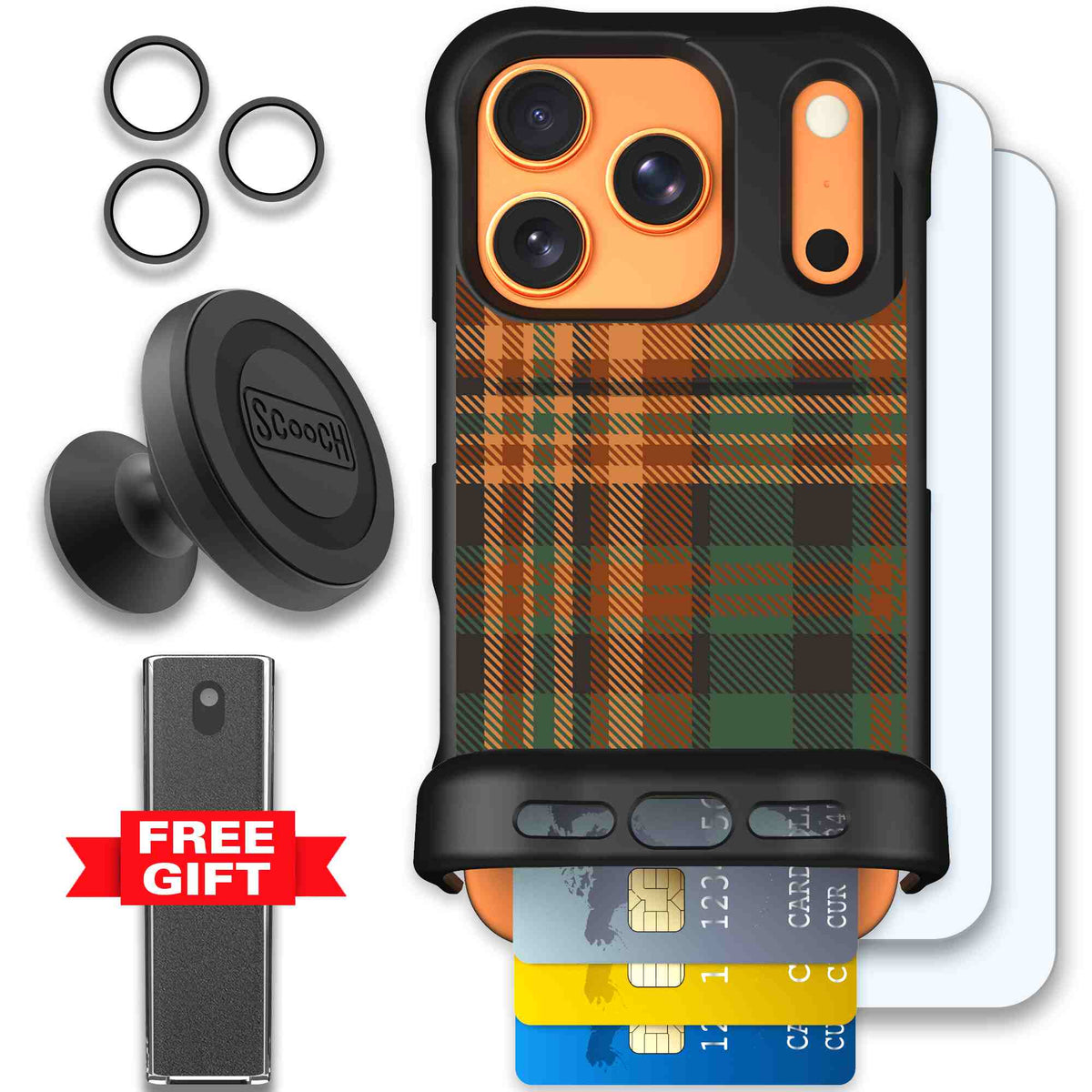 Fall Flannel orange and brown plaid pattern on a Scooch Wingmate case for iPhone 17 Pro - Defender Bundle