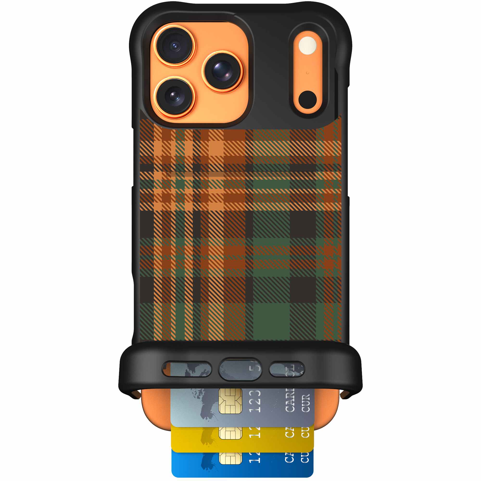 Fall Flannel orange and brown plaid pattern on a Scooch Wingmate case for iPhone 17 Pro Max