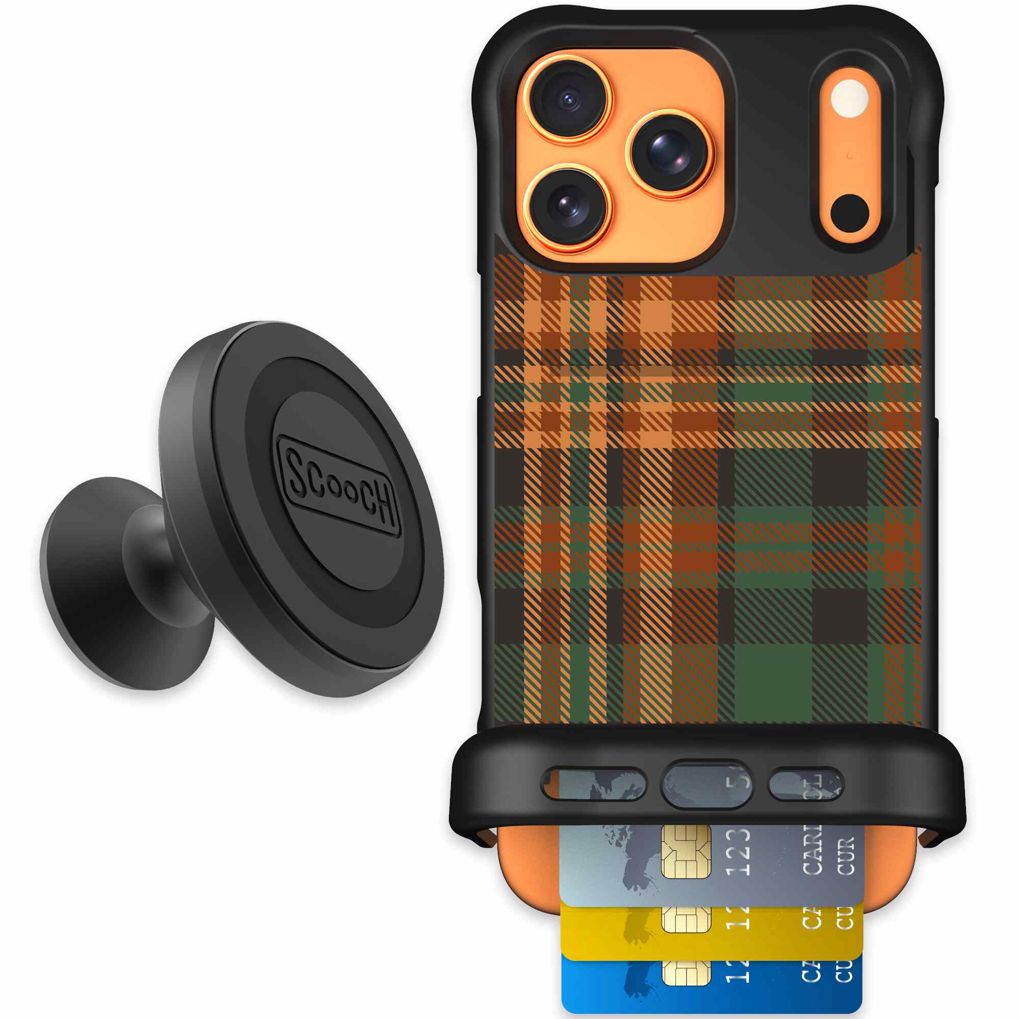 Fall Flannel orange and brown plaid pattern on a Scooch Wingmate case for iPhone 17 Pro Max - Starter Bundle