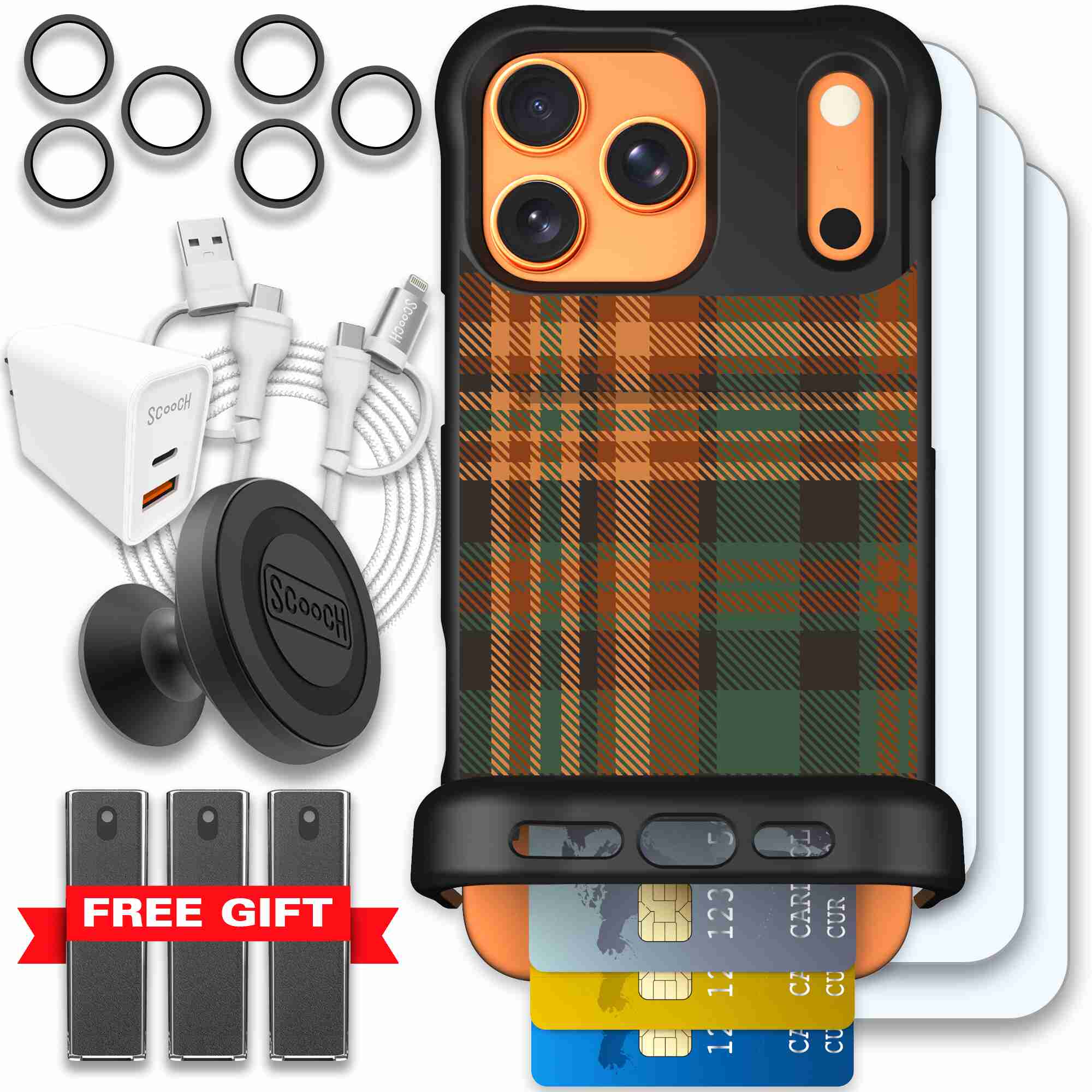 Fall Flannel orange and brown plaid pattern on a Scooch Wingmate case for iPhone 17 Pro Max - Ultimate Bundle