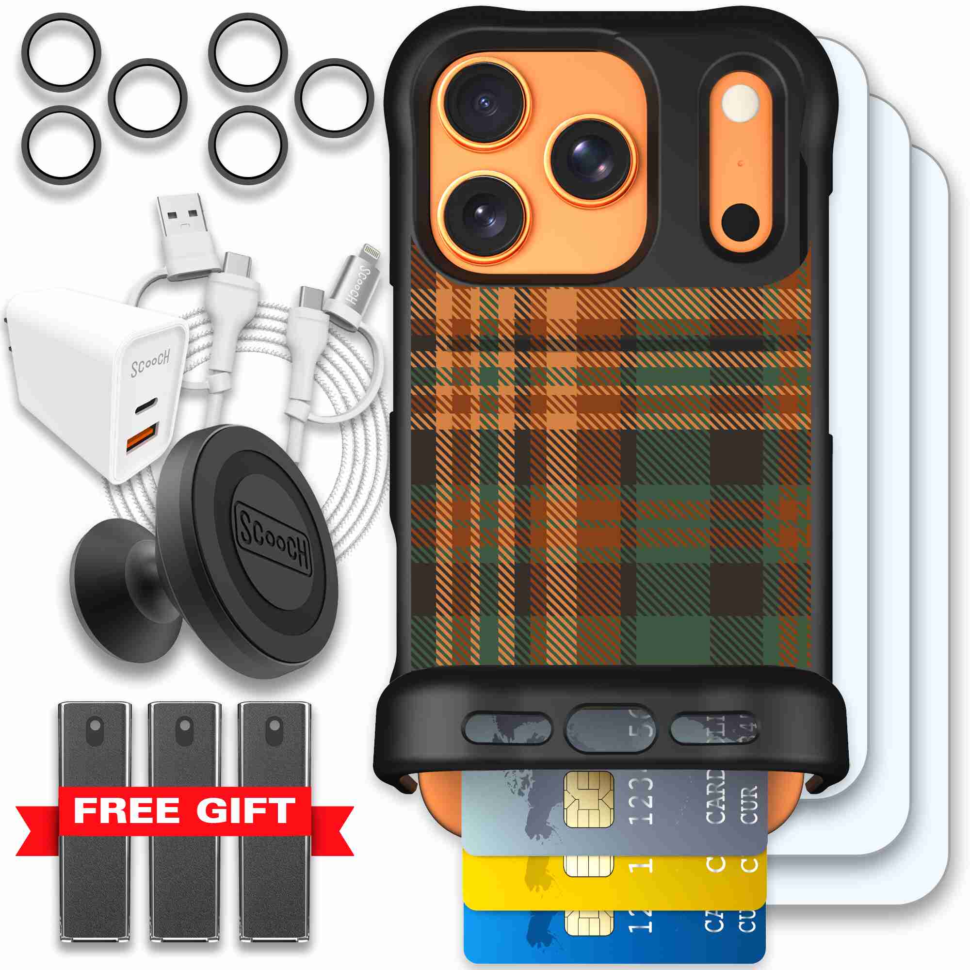Fall Flannel orange and brown plaid pattern on a Scooch Wingmate case for iPhone 17 Pro - Ultimate Bundle