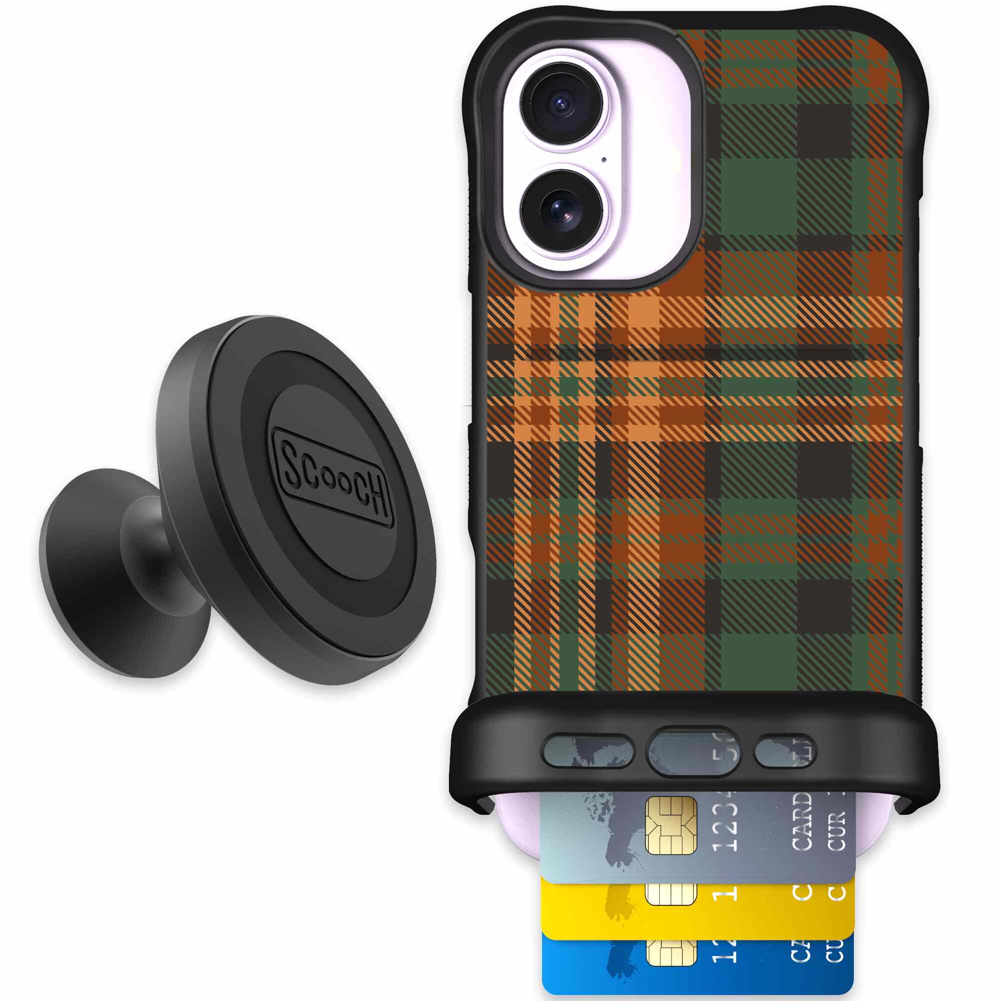 Fall Flannel orange and brown plaid pattern on a Scooch Wingmate case for iPhone 17 - Starter Bundle