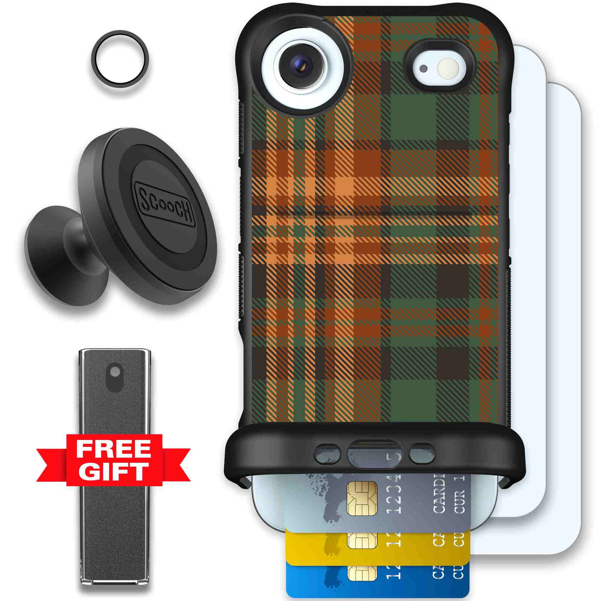 Fall Flannel orange and brown plaid pattern on a Scooch Wingmate case for iPhone Air - Defender Bundle