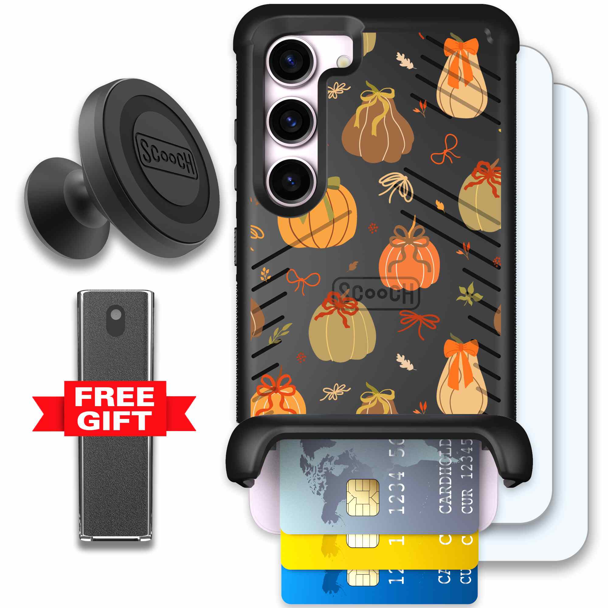 Pretty Pumpkins orange pumpkin and bow pattern on a Scooch Wingmate case for Galaxy S23 - Defender Bundle