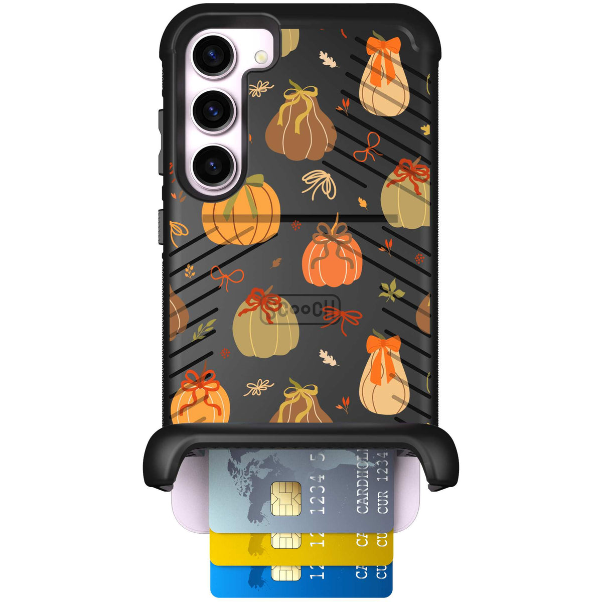 Pretty Pumpkins orange pumpkin and bow pattern on a Scooch Wingmate case for Galaxy S23+