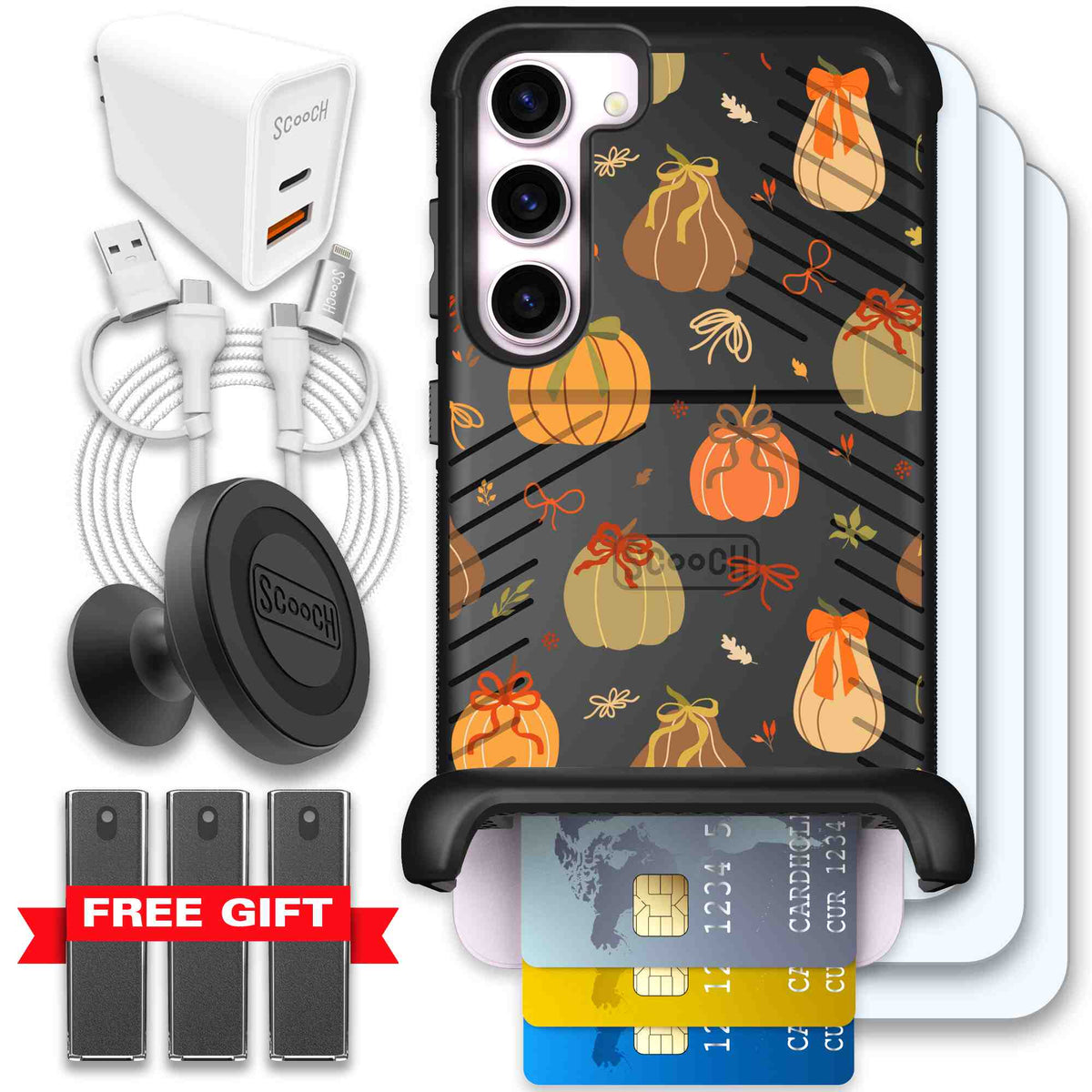 Pretty Pumpkins orange pumpkin and bow pattern on a Scooch Wingmate case for Galaxy S23+ - Ultimate Bundle
