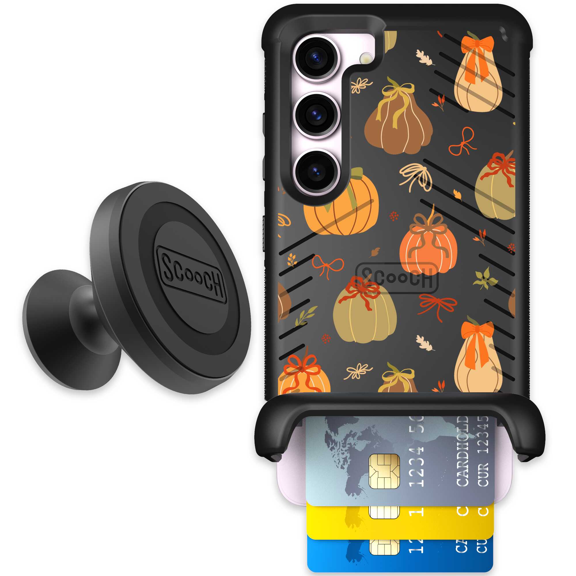 Pretty Pumpkins orange pumpkin and bow pattern on a Scooch Wingmate case for Galaxy S23 - Starter Bundle