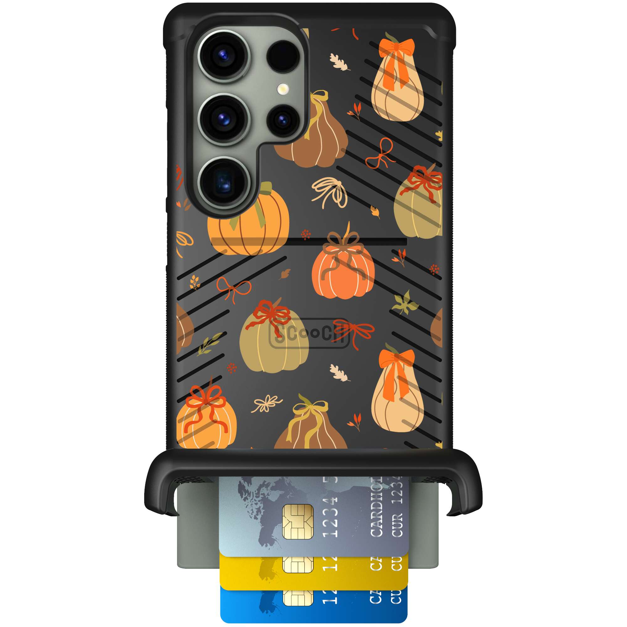 Pretty Pumpkins orange pumpkin and bow pattern on a Scooch Wingmate case for Galaxy S23 Ultra