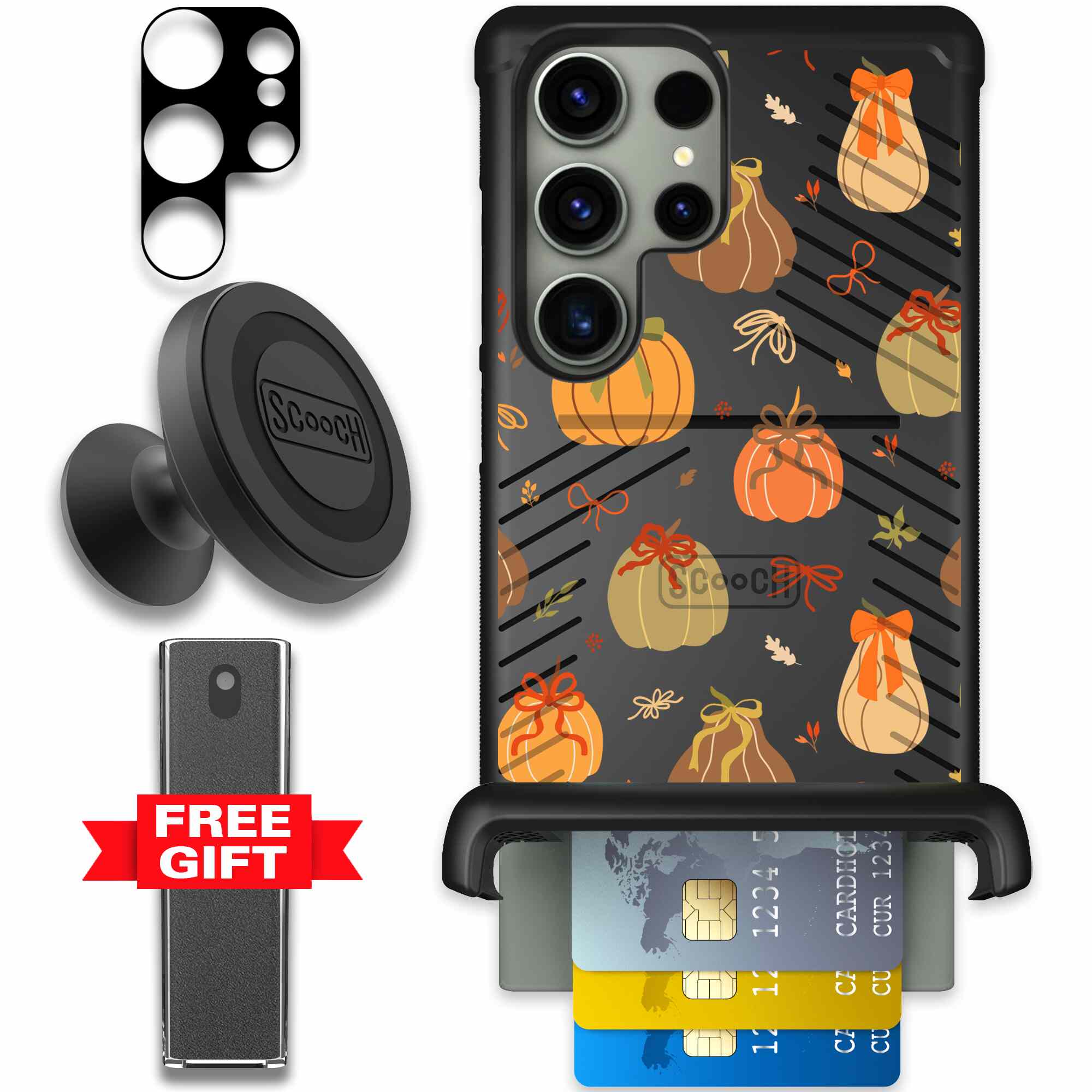 Pretty Pumpkins orange pumpkin and bow pattern on a Scooch Wingmate case for Galaxy S23 Ultra - Defender Bundle