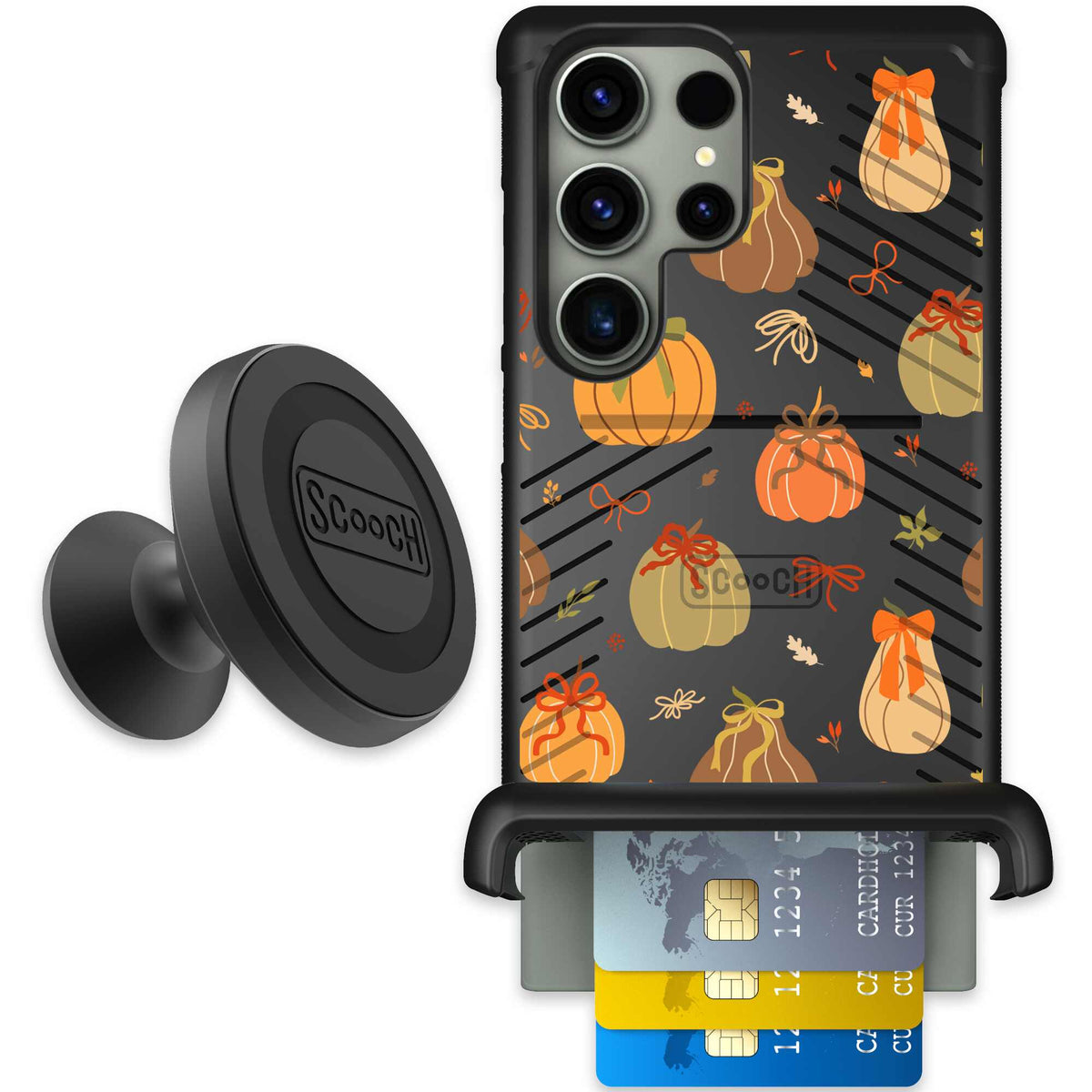 Pretty Pumpkins orange pumpkin and bow pattern on a Scooch Wingmate case for Galaxy S23 Ultra - Starter Bundle