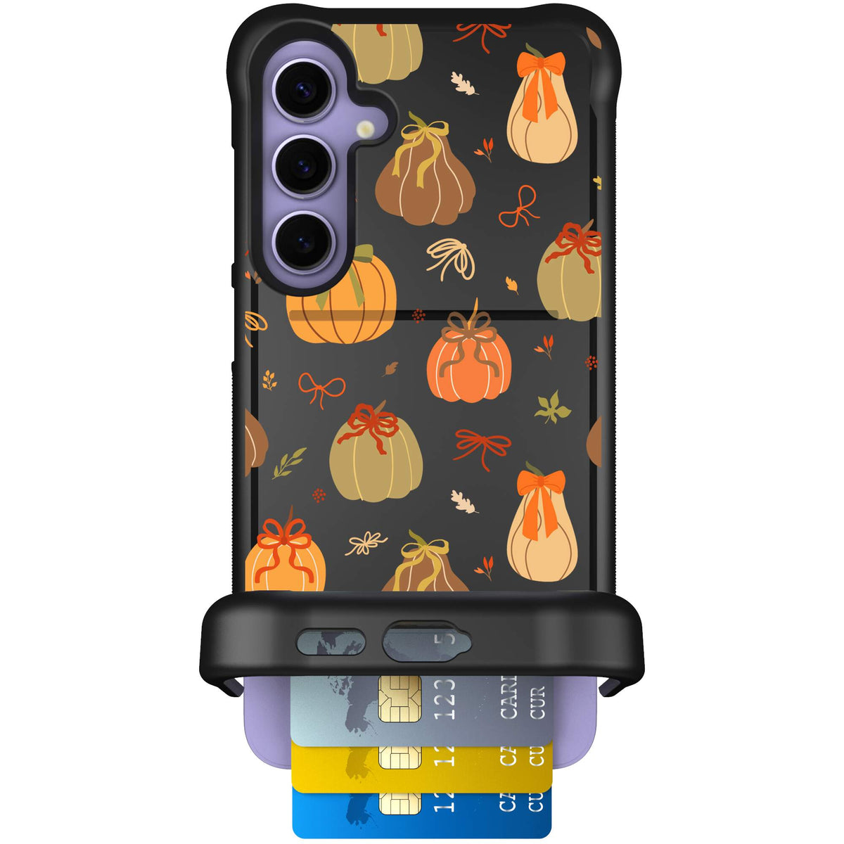 Pretty Pumpkins orange pumpkin and bow pattern on a Scooch Wingmate case for Galaxy S24+