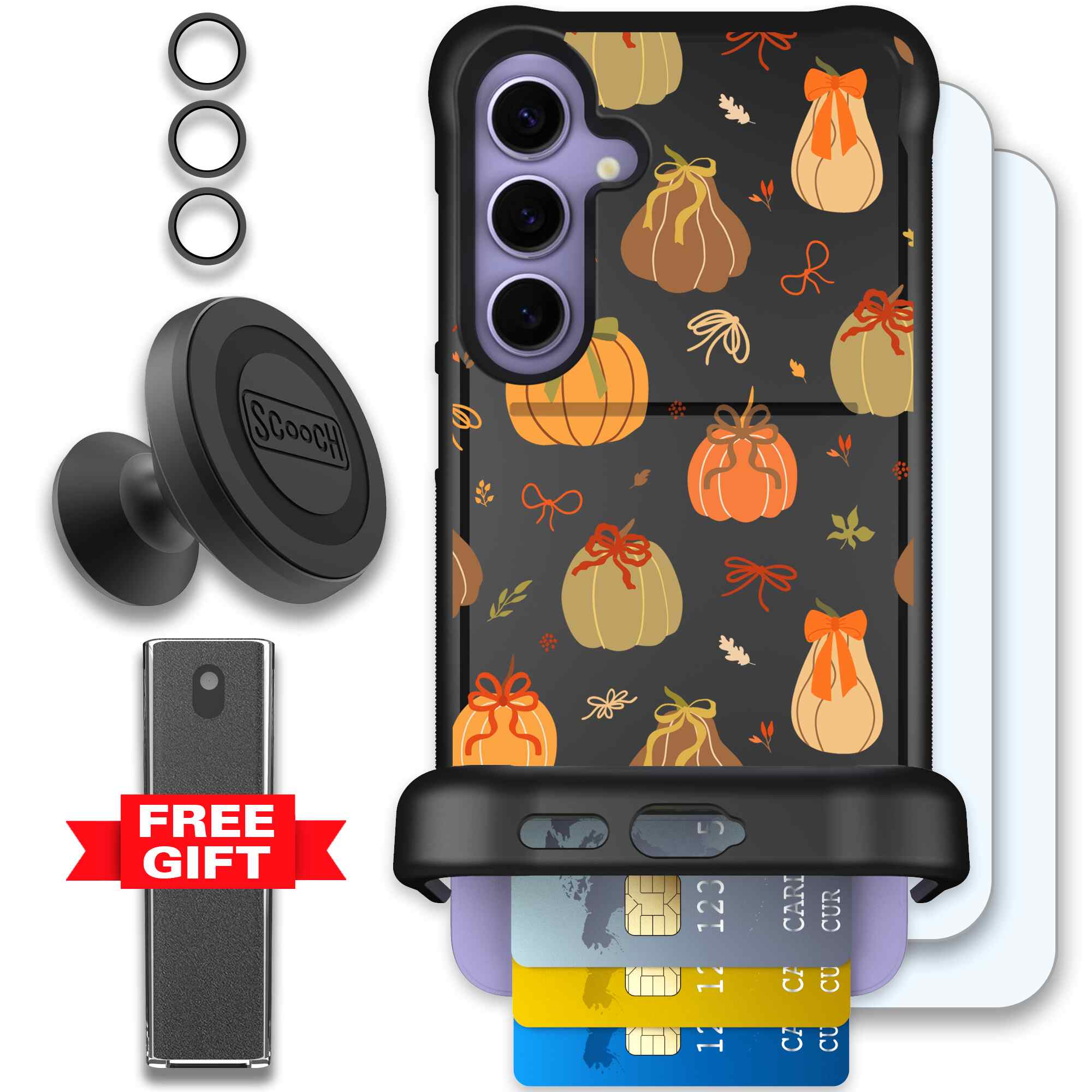 Pretty Pumpkins orange pumpkin and bow pattern on a Scooch Wingmate case for Galaxy S24+ - Defender Bundle