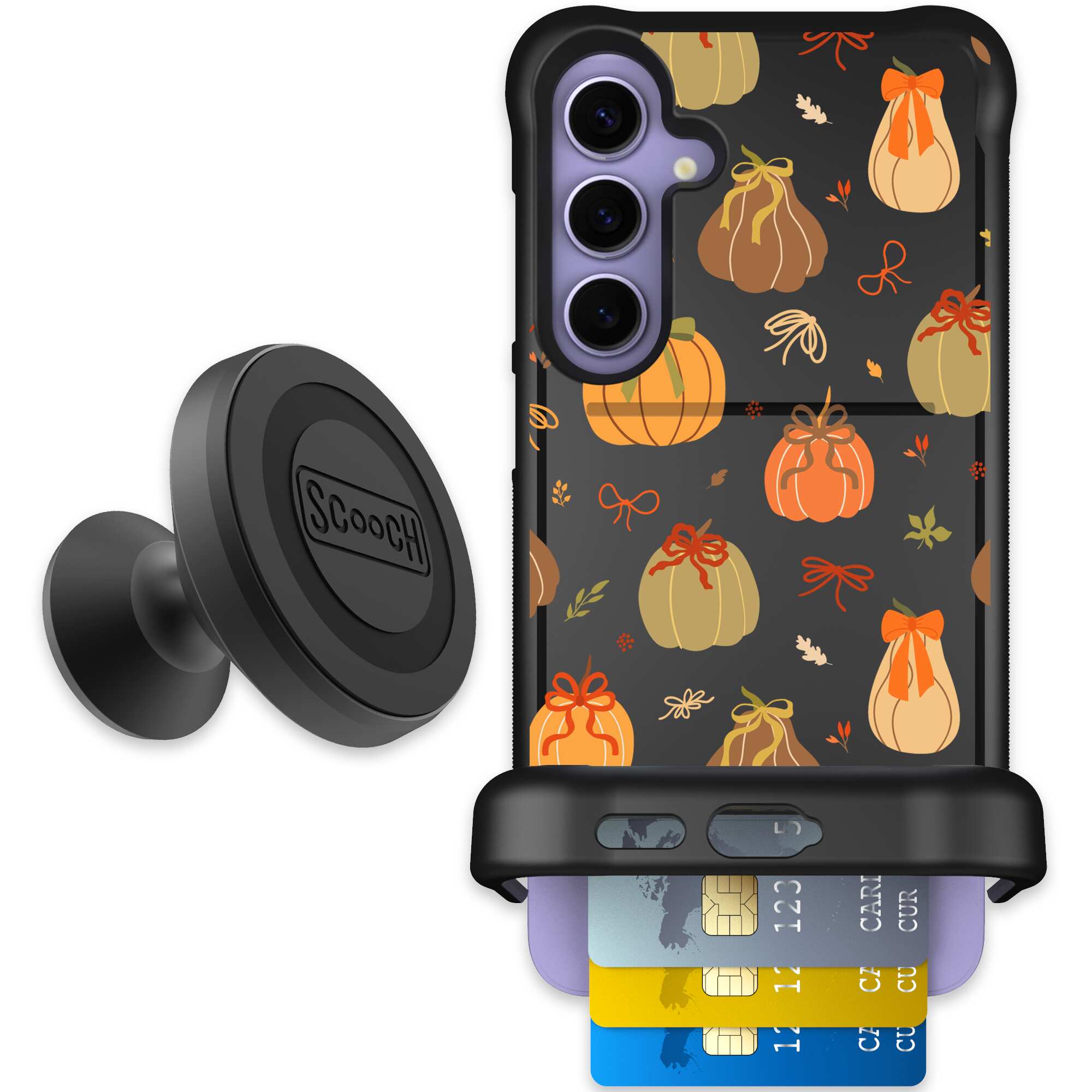 Pretty Pumpkins orange pumpkin and bow pattern on a Scooch Wingmate case for Galaxy S24+ - Starter Bundle