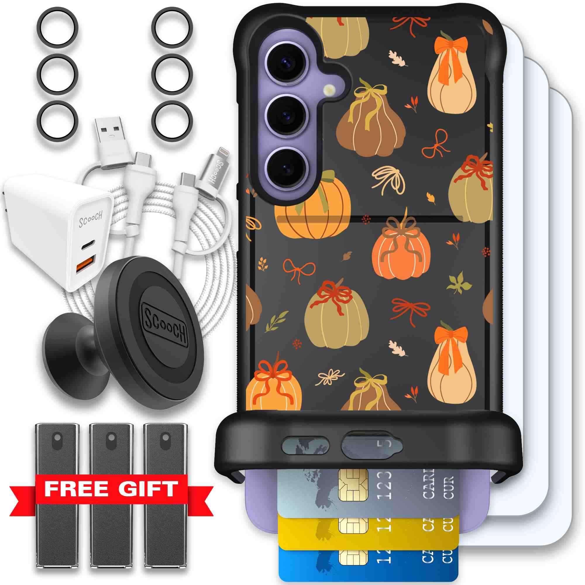 Pretty Pumpkins orange pumpkin and bow pattern on a Scooch Wingmate case for Galaxy S24+ - Ultimate Bundle