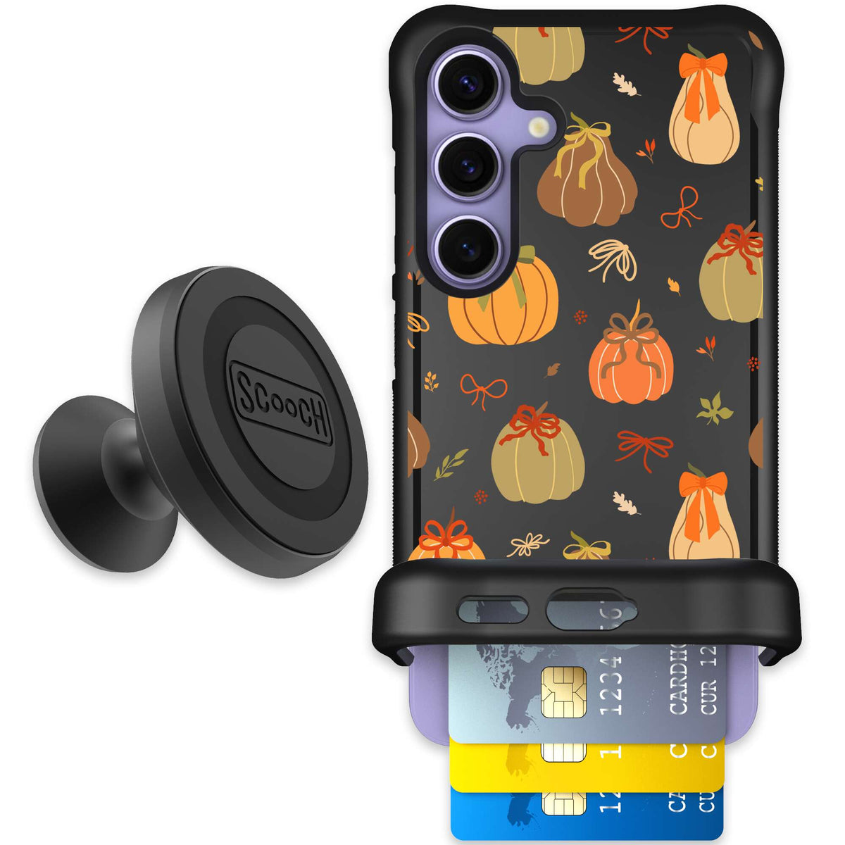 Pretty Pumpkins orange pumpkin and bow pattern on a Scooch Wingmate case for Galaxy S24 - Starter Bundle