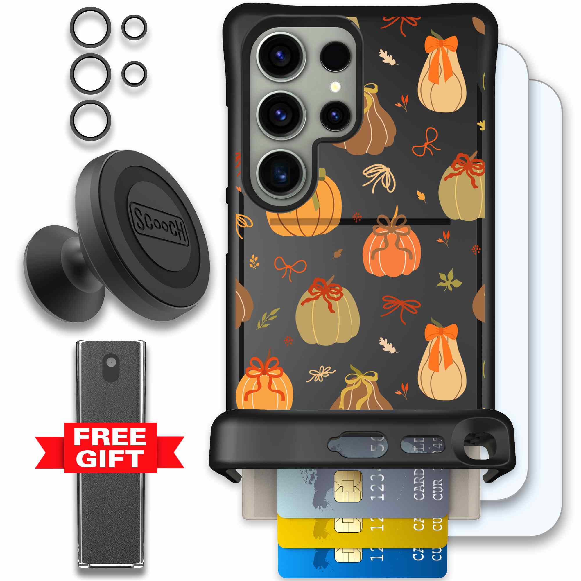 Pretty Pumpkins orange pumpkin and bow pattern on a Scooch Wingmate case for Galaxy S24 Ultra - Defender Bundle