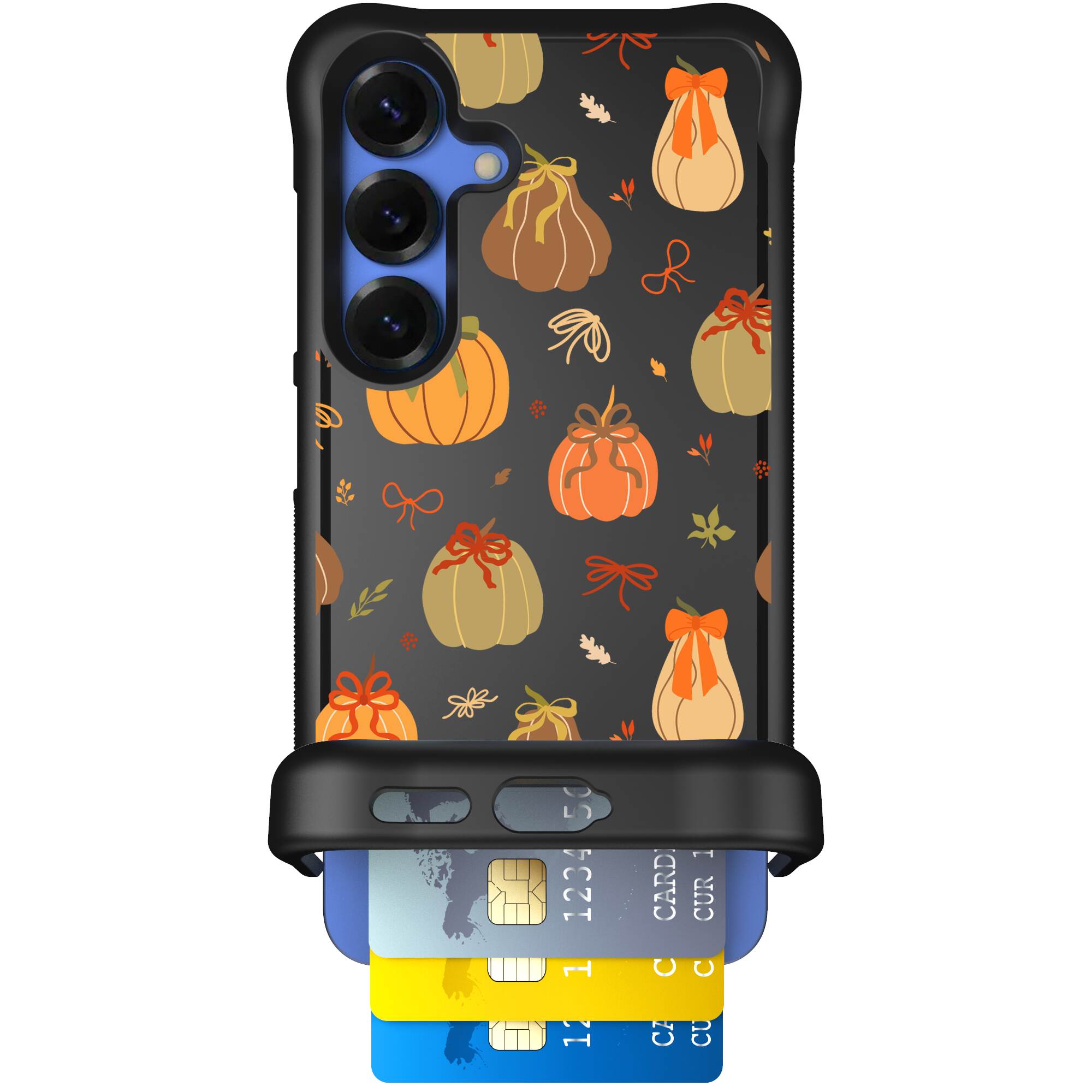 Pretty Pumpkins orange pumpkin and bow pattern on a Scooch Wingmate case for Galaxy S25