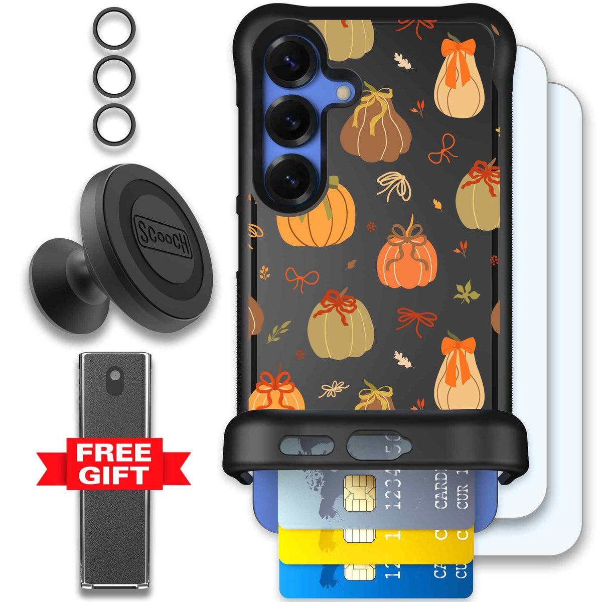 Pretty Pumpkins orange pumpkin and bow pattern on a Scooch Wingmate case for Galaxy S25 - Defender Bundle