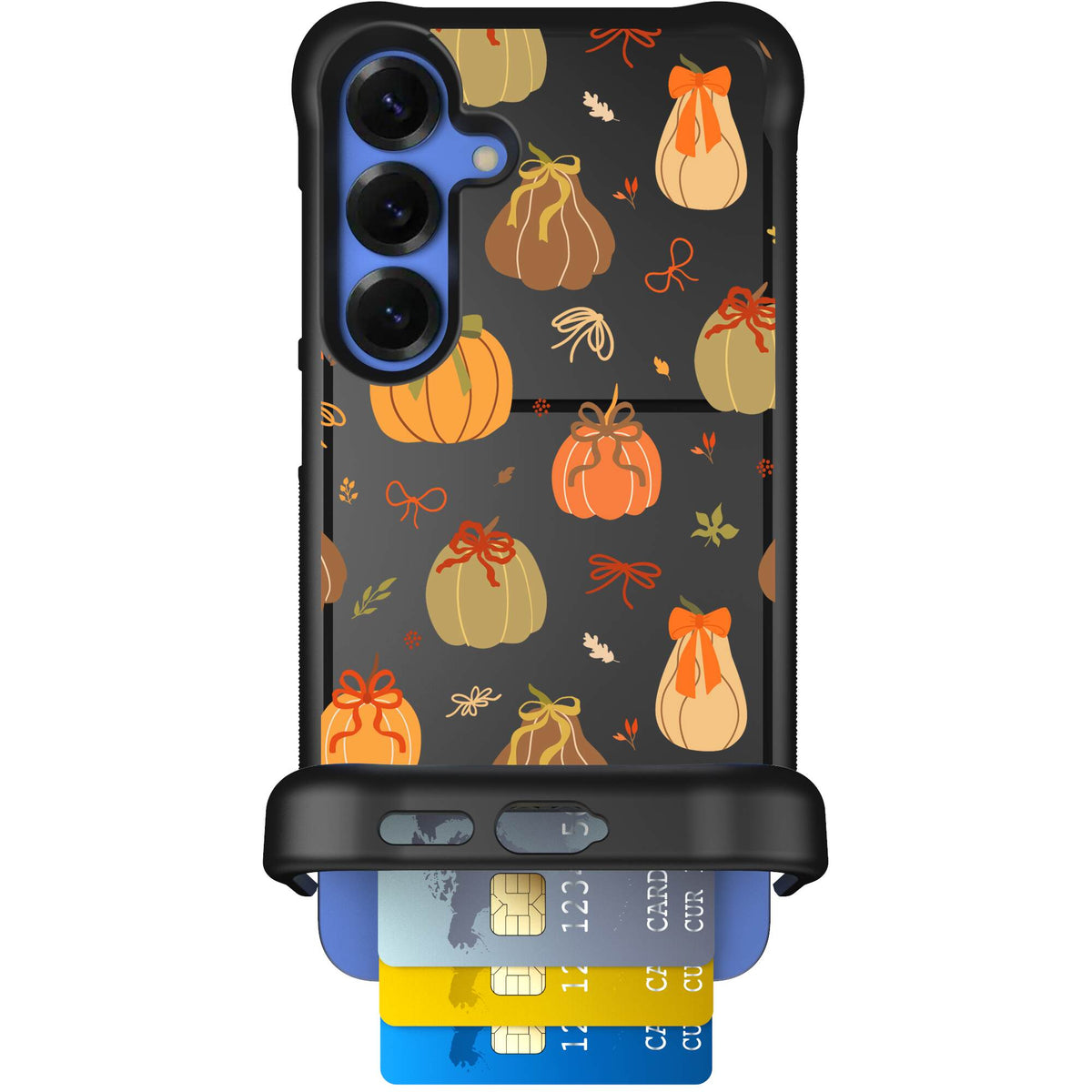 Pretty Pumpkins orange pumpkin and bow pattern on a Scooch Wingmate case for Galaxy S25+
