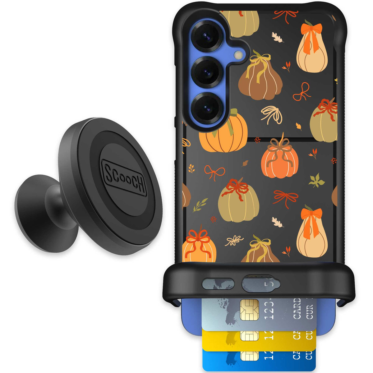 Pretty Pumpkins orange pumpkin and bow pattern on a Scooch Wingmate case for Galaxy S25+ - Starter Bundle