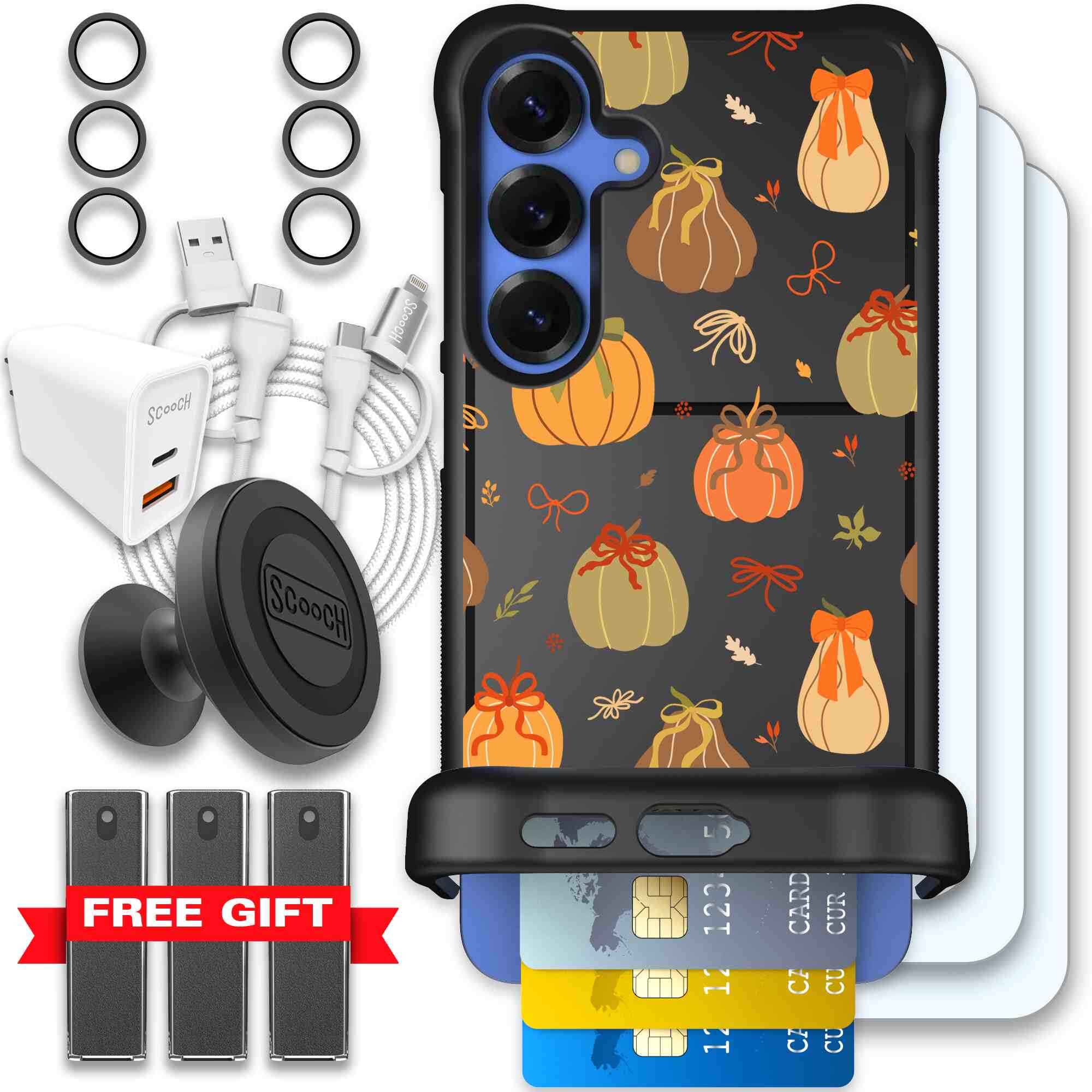 Pretty Pumpkins orange pumpkin and bow pattern on a Scooch Wingmate case for Galaxy S25+ - Ultimate Bundle