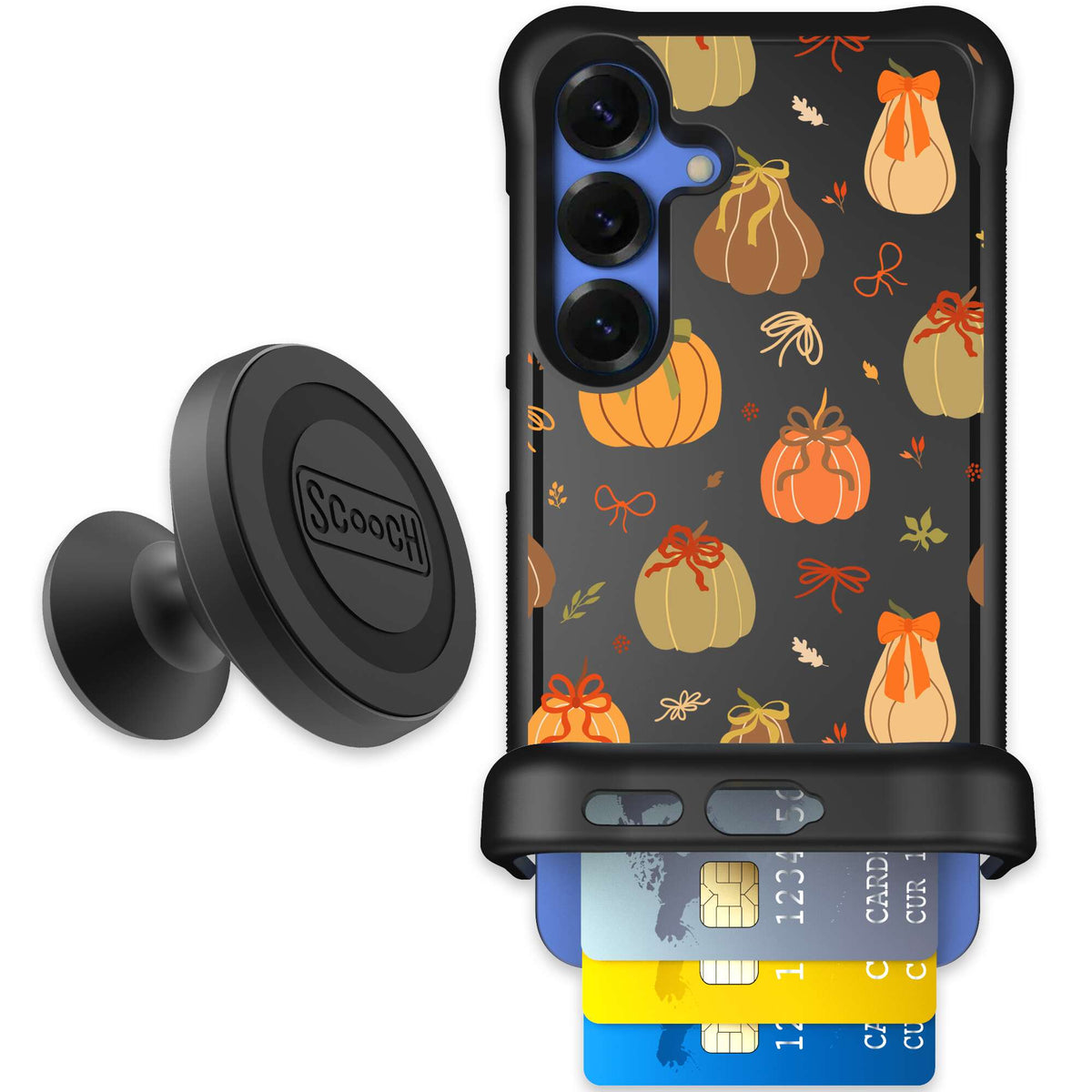 Pretty Pumpkins orange pumpkin and bow pattern on a Scooch Wingmate case for Galaxy S25 - Starter Bundle