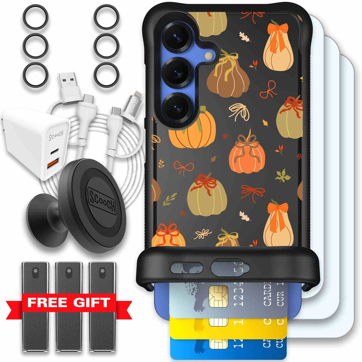 Pretty Pumpkins orange pumpkin and bow pattern on a Scooch Wingmate case for Galaxy S25 - Ultimate Bundle