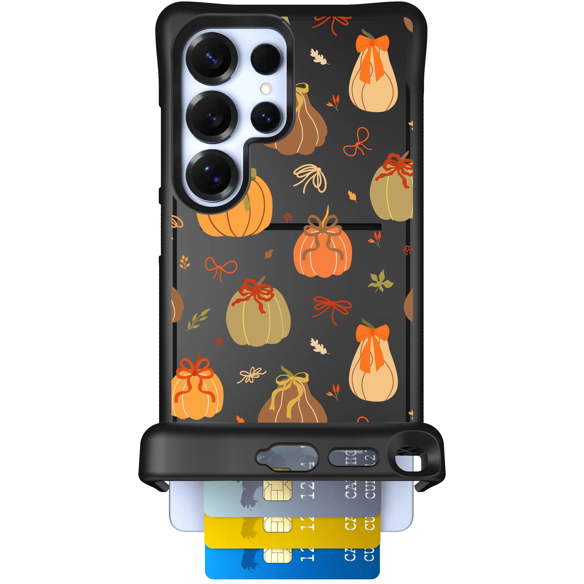 Pretty Pumpkins orange pumpkin and bow pattern on a Scooch Wingmate case for Galaxy S25 Ultra