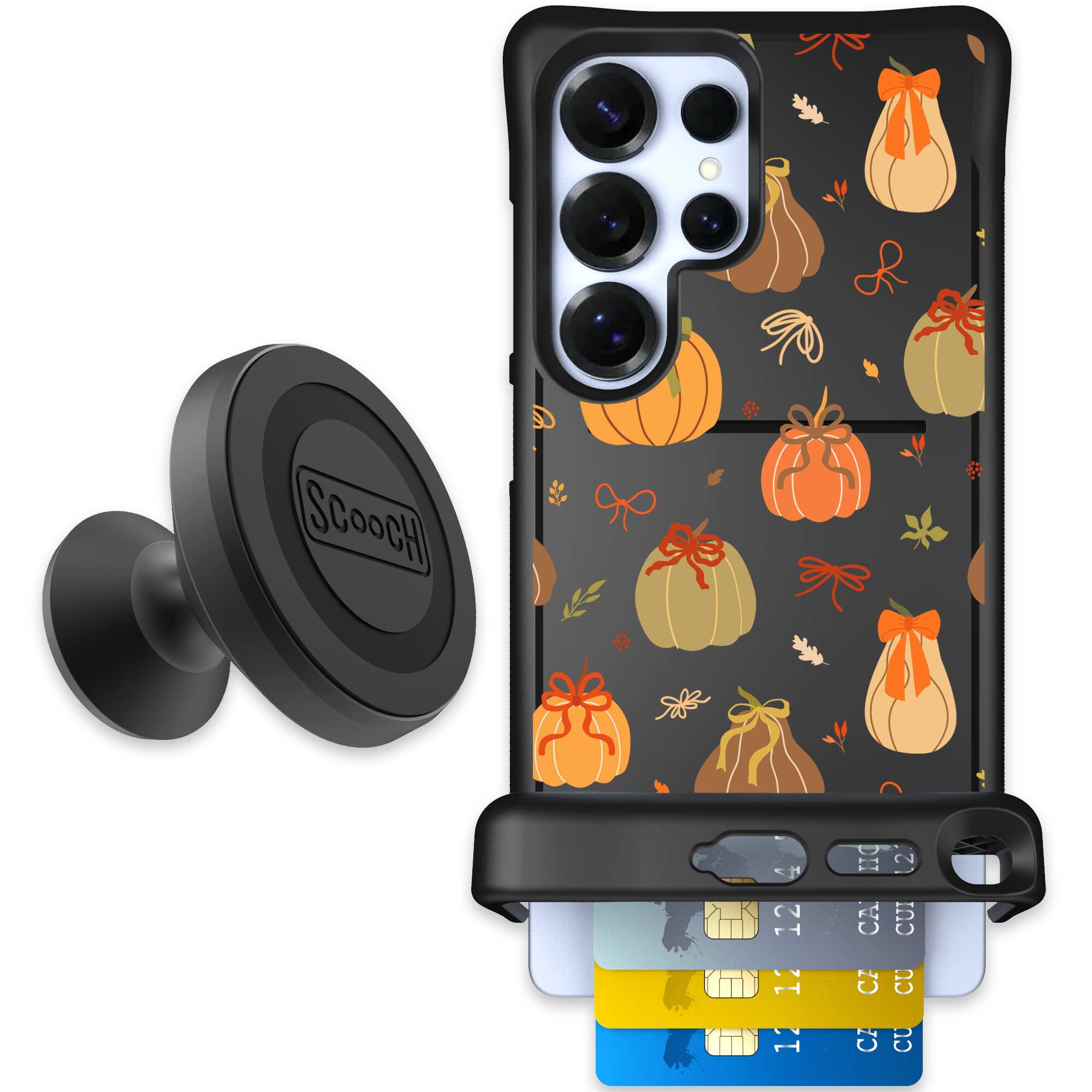 Pretty Pumpkins orange pumpkin and bow pattern on a Scooch Wingmate case for Galaxy S25 Ultra - Starter Bundle