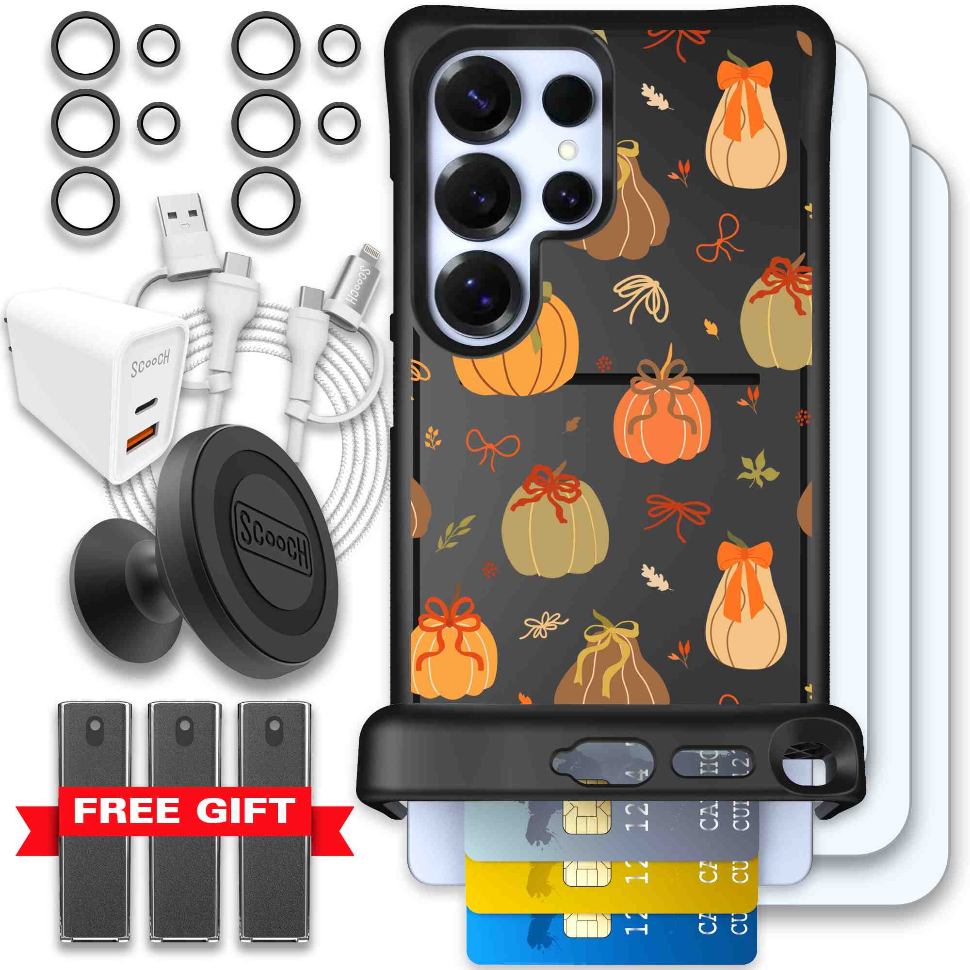 Pretty Pumpkins orange pumpkin and bow pattern on a Scooch Wingmate case for Galaxy S25 Ultra - Ultimate Bundle