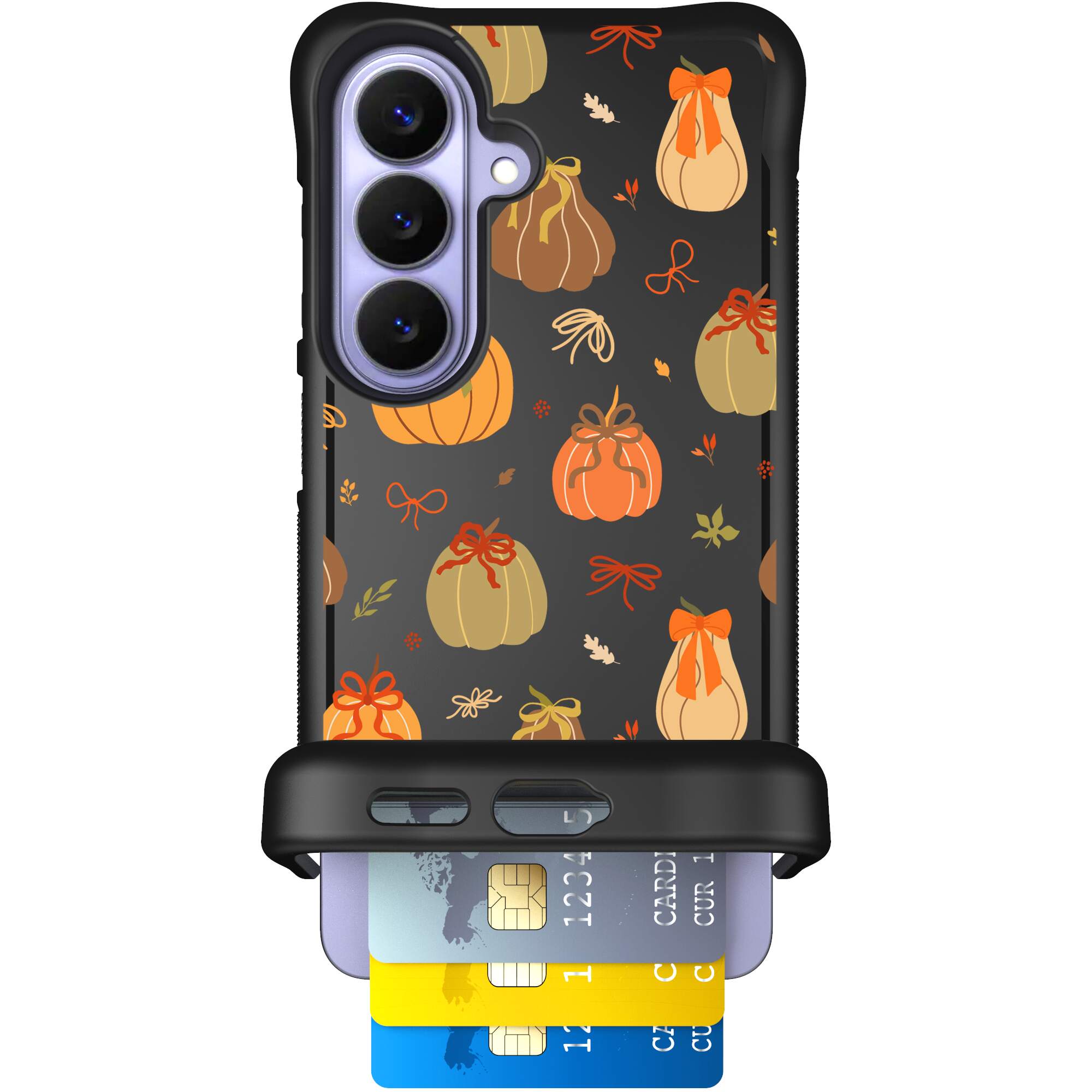 Pretty Pumpkins orange pumpkin and bow pattern on a Scooch Wingmate case for Galaxy S26