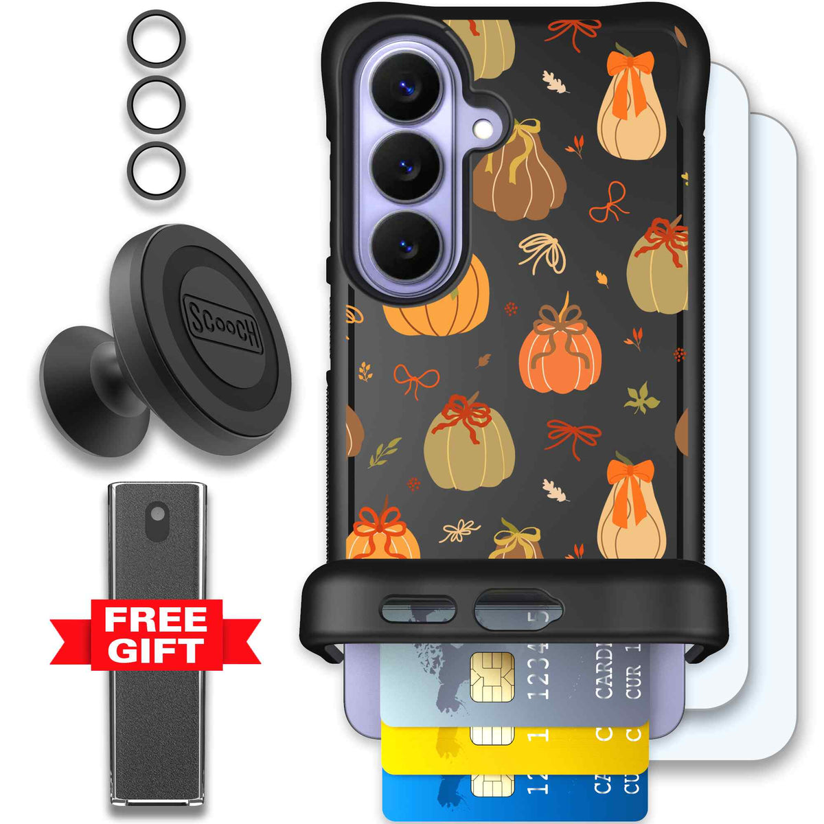 Pretty Pumpkins orange pumpkin and bow pattern on a Scooch Wingmate case for Galaxy S26 - Defender Bundle