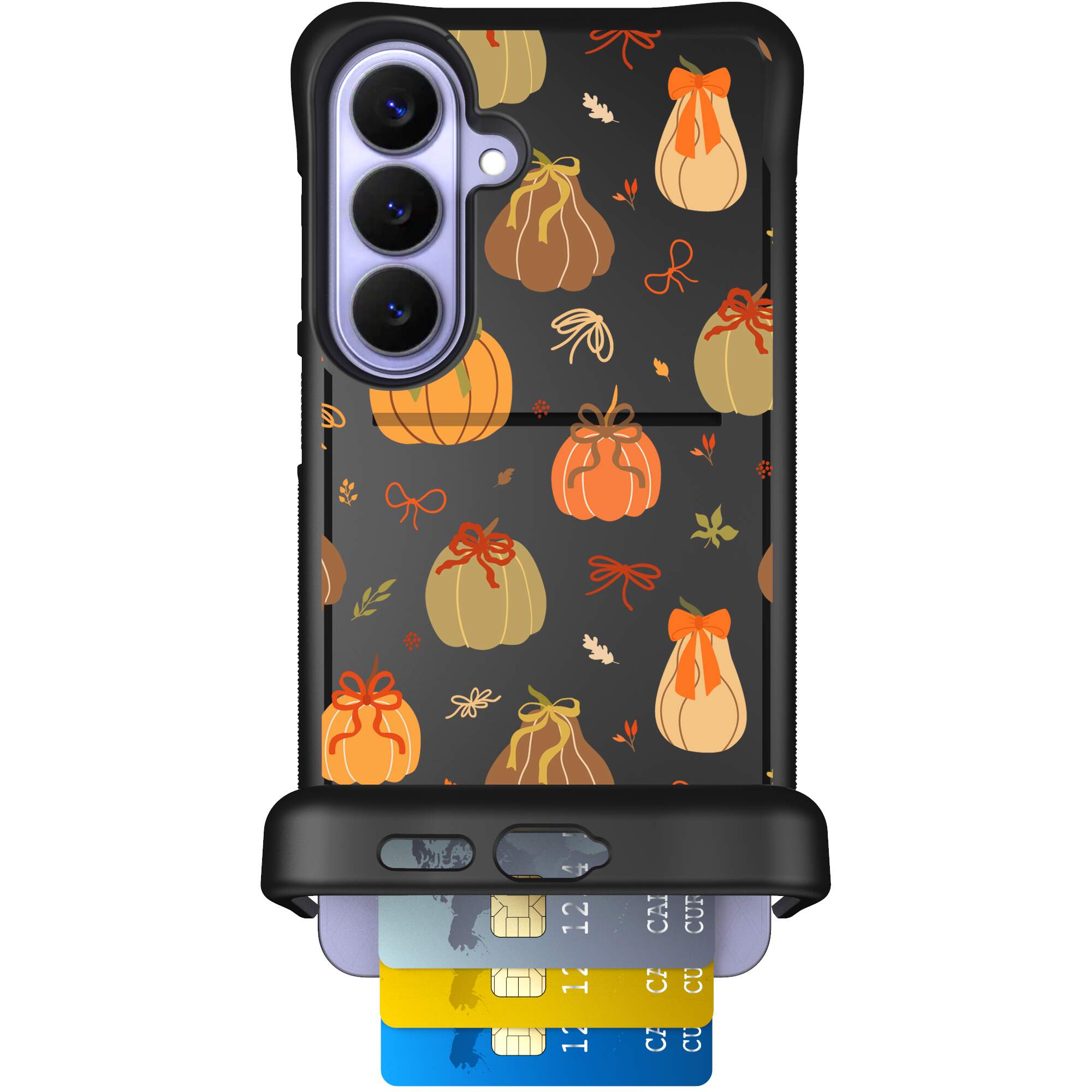 Pretty Pumpkins orange pumpkin and bow pattern on a Scooch Wingmate case for Galaxy S26+