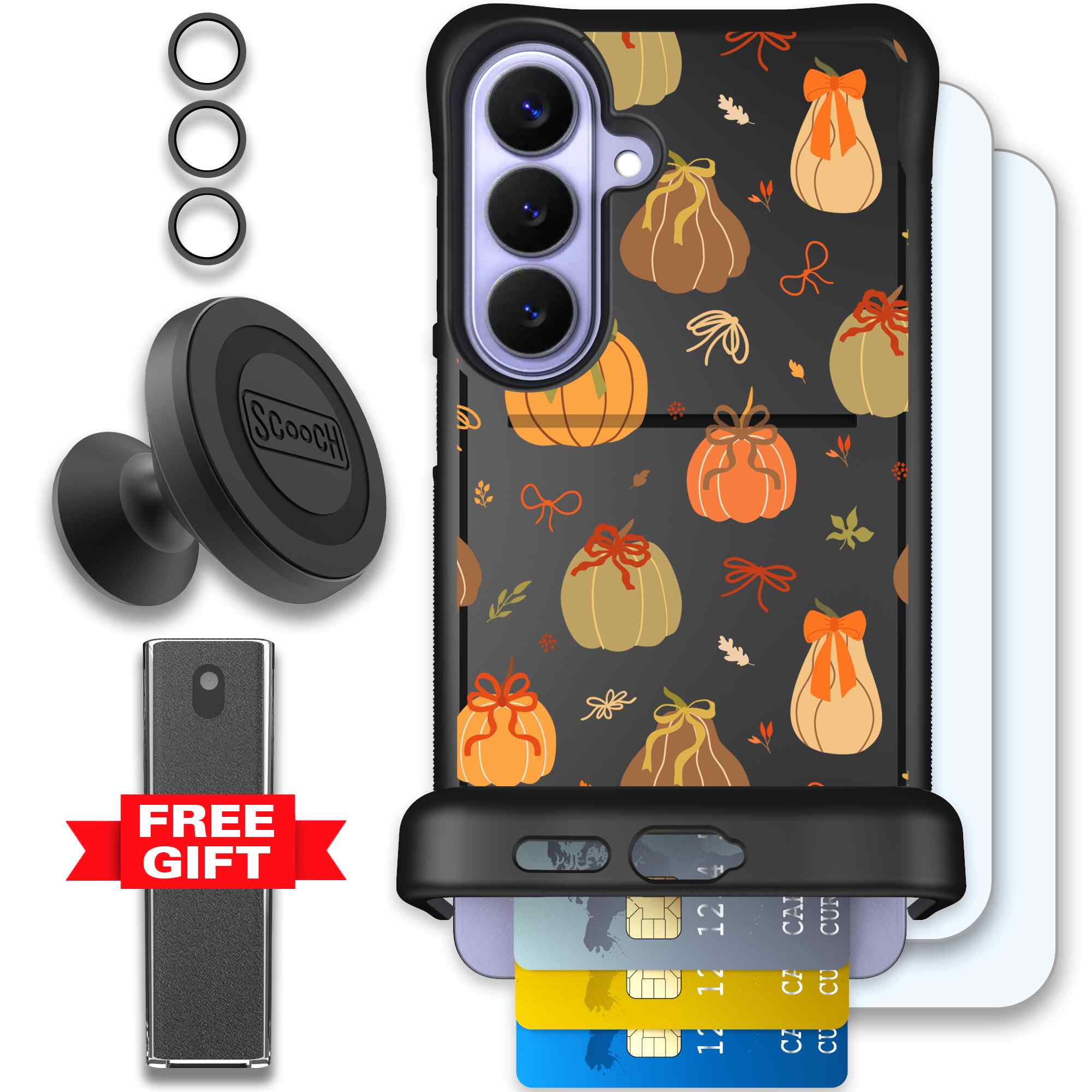 Pretty Pumpkins orange pumpkin and bow pattern on a Scooch Wingmate case for Galaxy S26+ - Defender Bundle