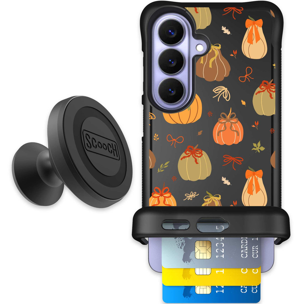 Pretty Pumpkins orange pumpkin and bow pattern on a Scooch Wingmate case for Galaxy S26 - Starter Bundle