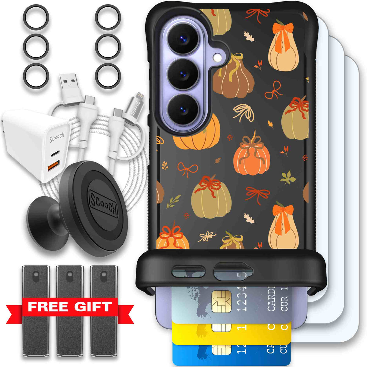 Pretty Pumpkins orange pumpkin and bow pattern on a Scooch Wingmate case for Galaxy S26 - Ultimate Bundle