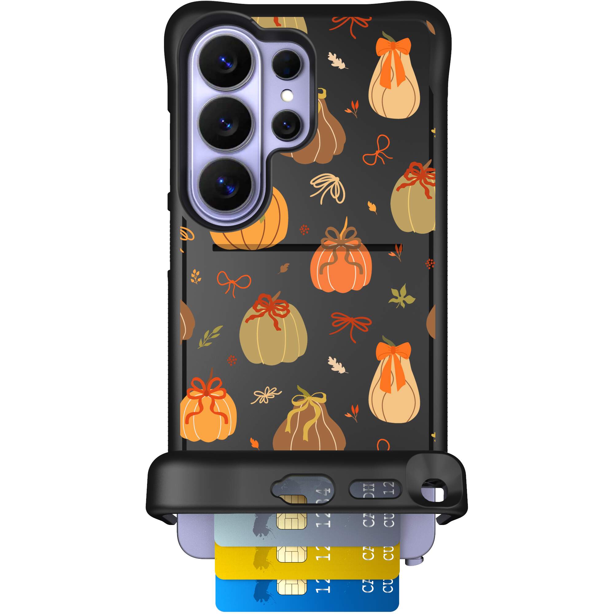 Pretty Pumpkins orange pumpkin and bow pattern on a Scooch Wingmate case for Galaxy S26 Ultra