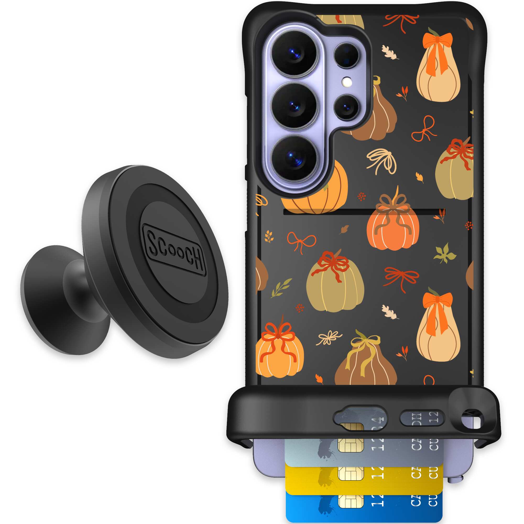 Pretty Pumpkins orange pumpkin and bow pattern on a Scooch Wingmate case for Galaxy S26 Ultra - Starter Bundle