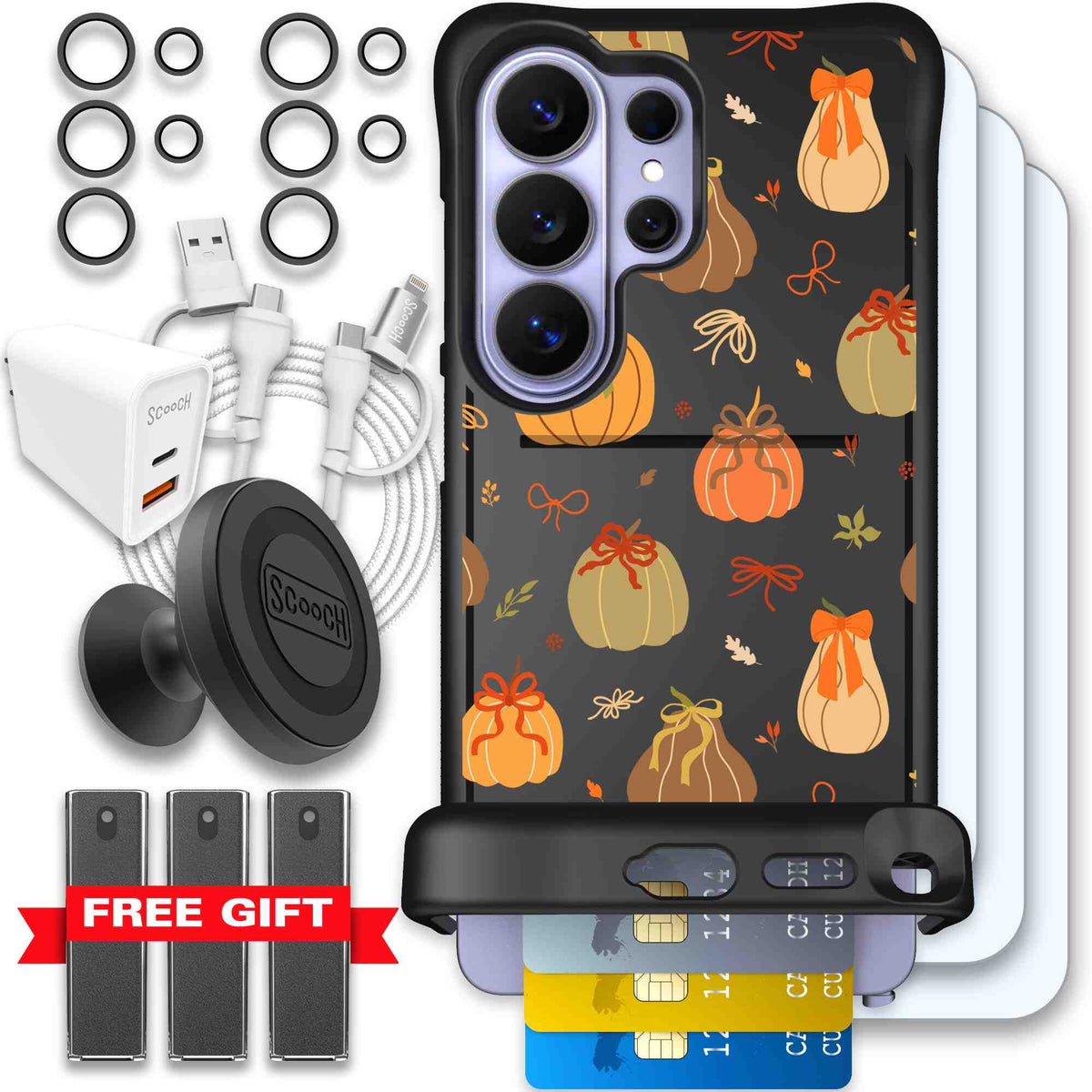 Pretty Pumpkins orange pumpkin and bow pattern on a Scooch Wingmate case for Galaxy S26 Ultra - Ultimate Bundle
