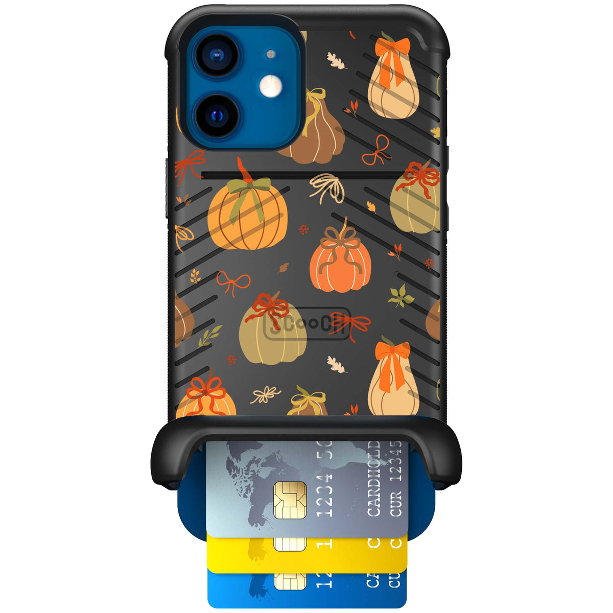 Pretty Pumpkins orange pumpkin and bow pattern on a Scooch Wingmate case for iPhone 12