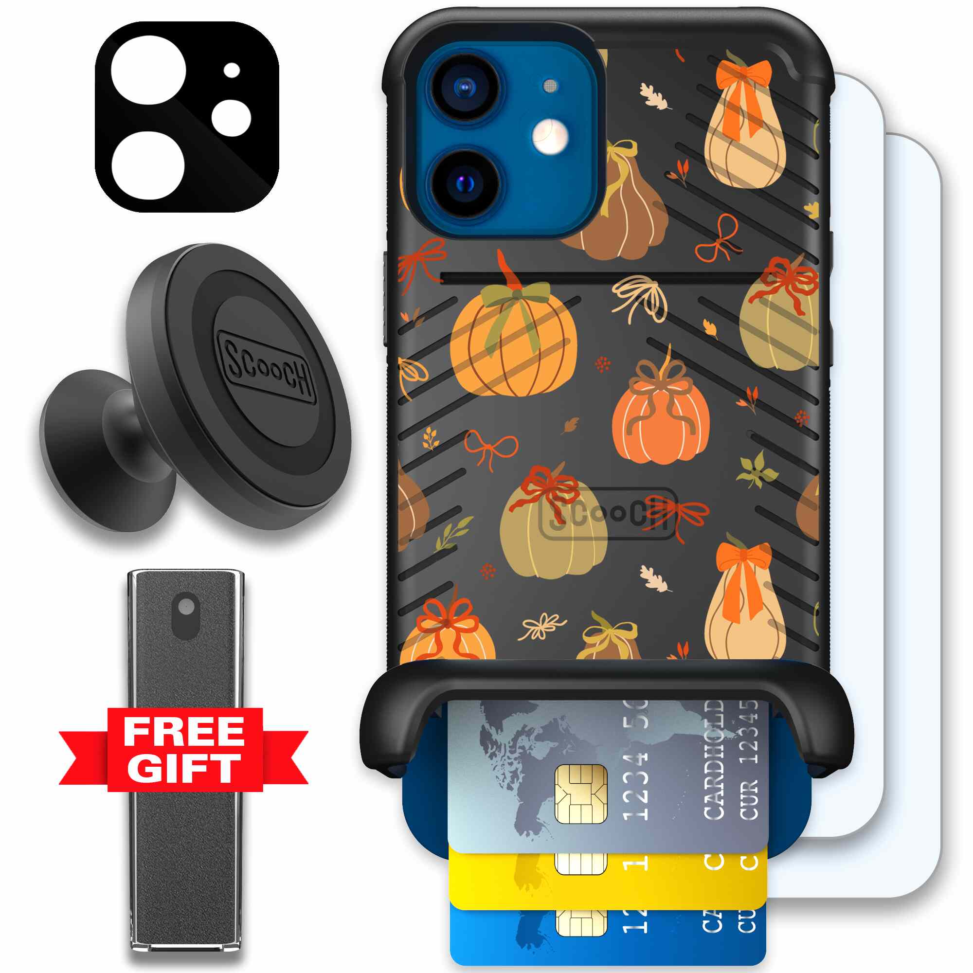 Pretty Pumpkins orange pumpkin and bow pattern on a Scooch Wingmate case for iPhone 12 - Defender Bundle